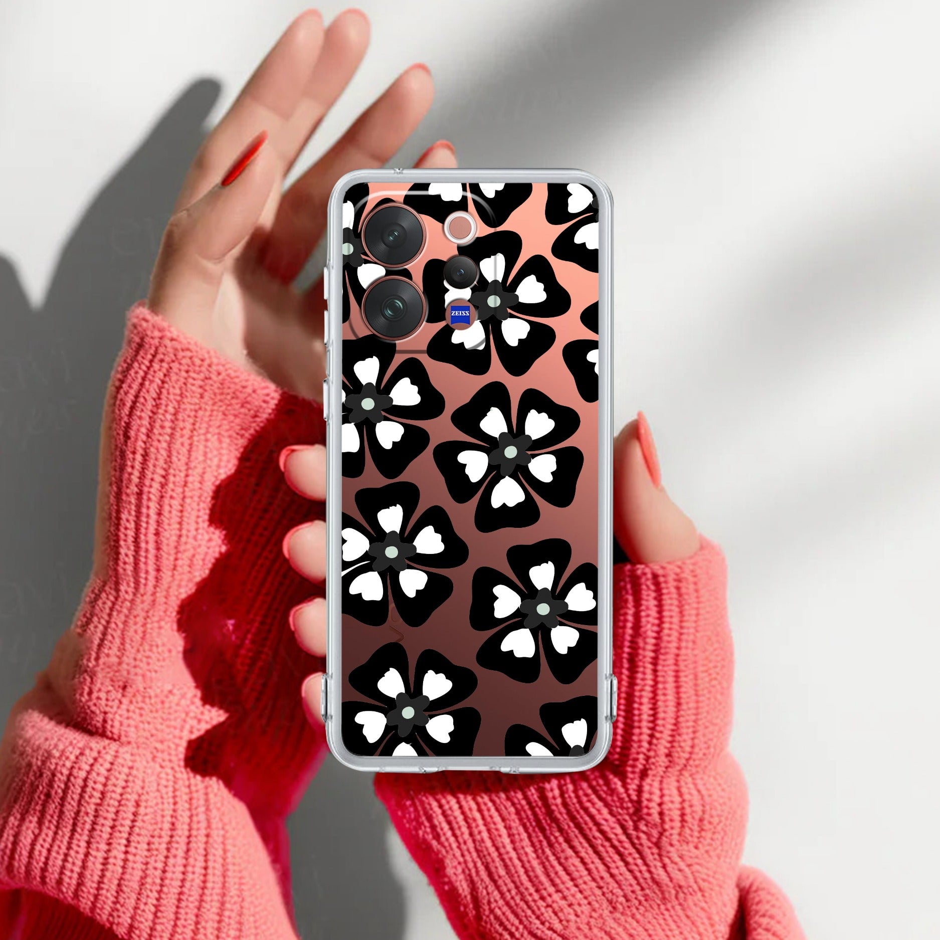 Black and White Flower Anti Yellow Case For Vivo V70 Elite 5G