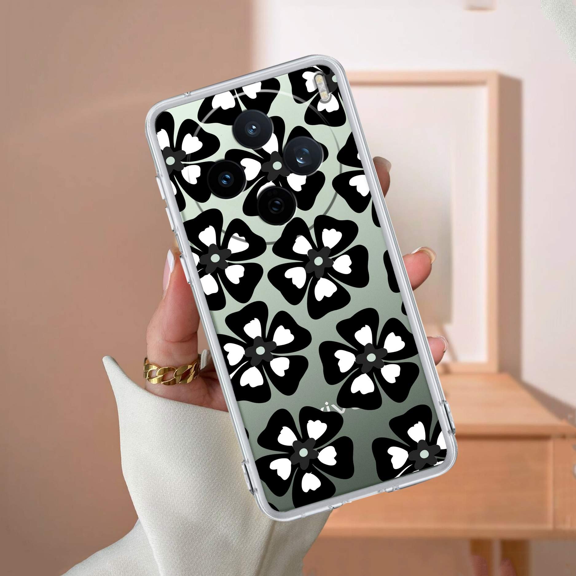 Black and White Flower Transparent Silicon case For Vivo X200T 5G