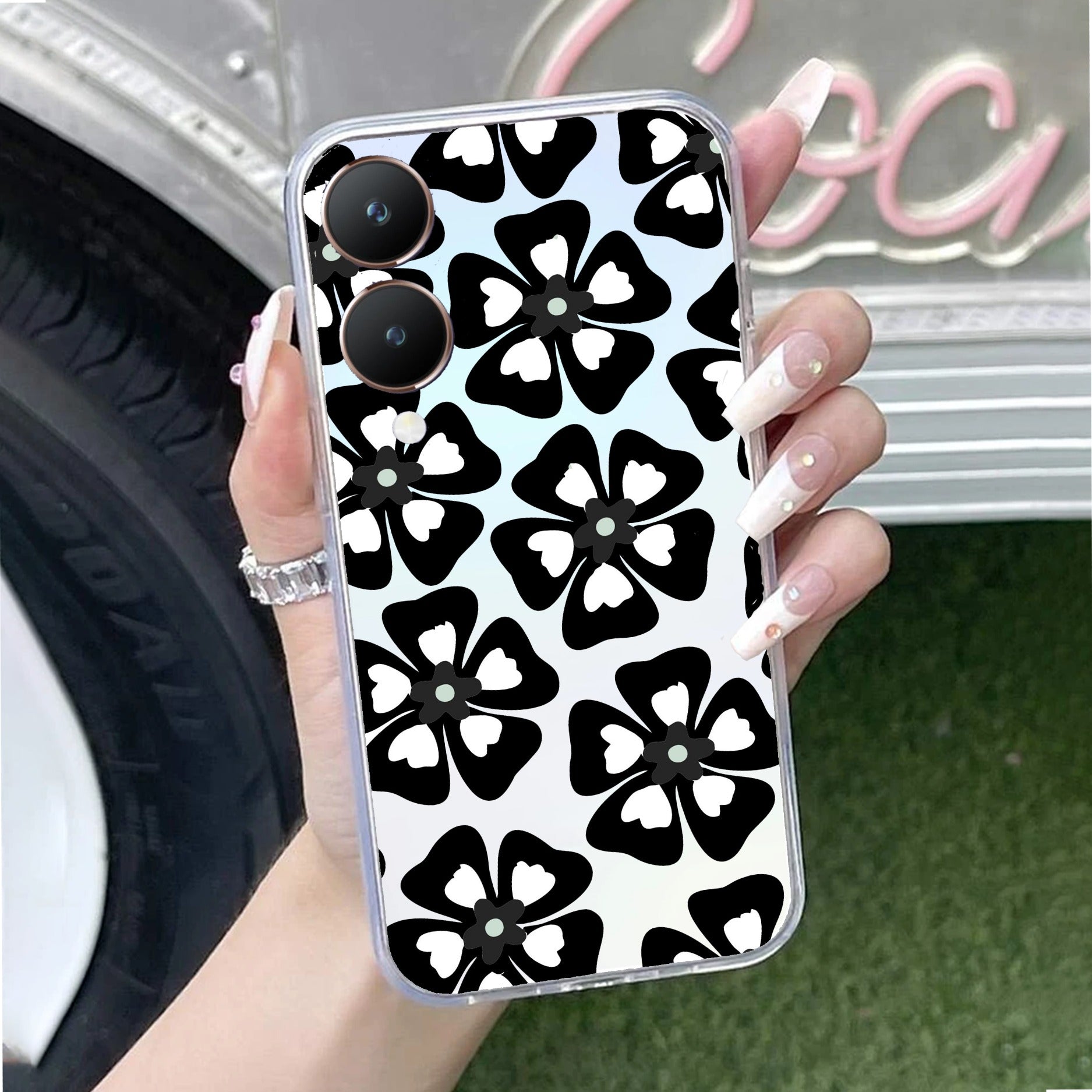 Black and White Flower Transparent Silicon case For Vivo Y28 5G