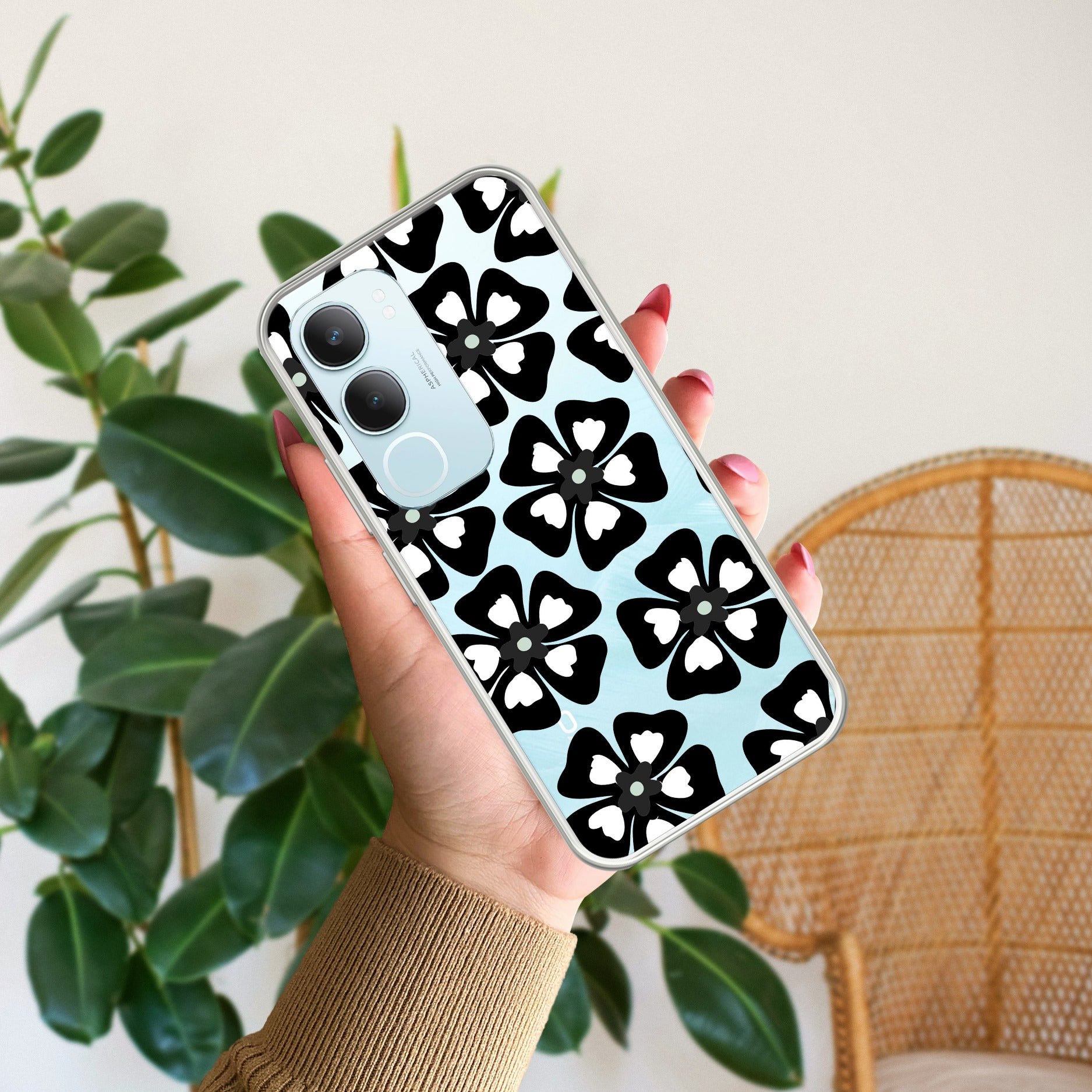 Black and White Flower Transparent Silicon case For Vivo Y29 5G