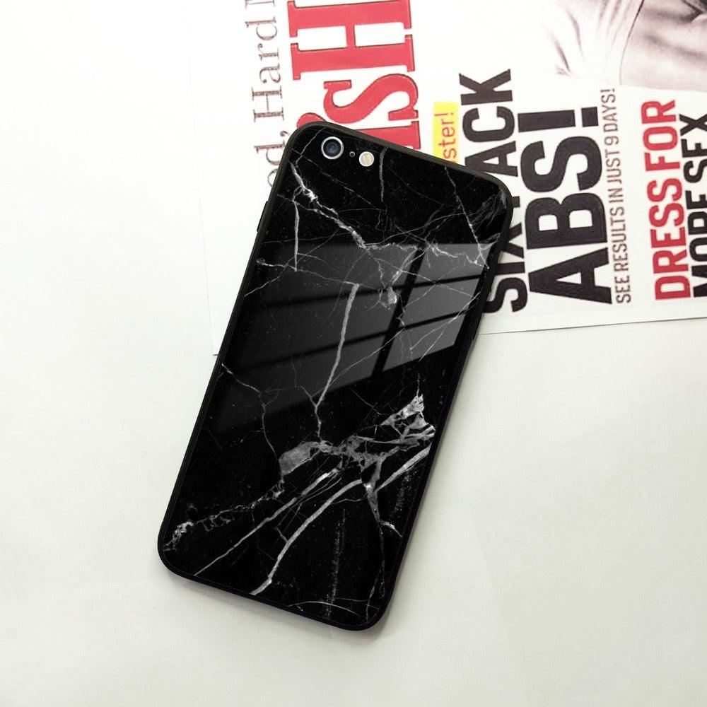 Black Marble Patter Glass Case Cover For iPhone