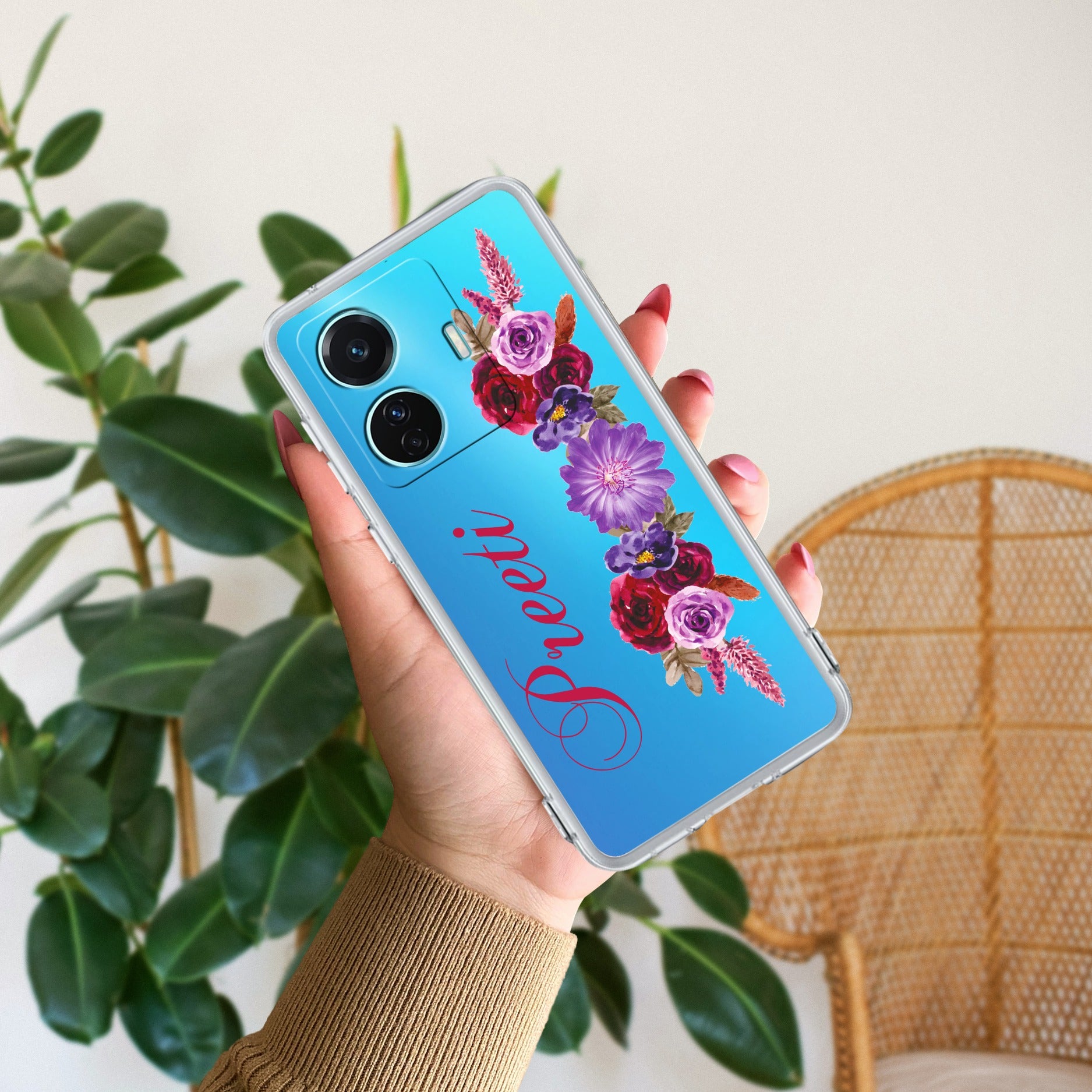 Blue Aster Floral Customize Transparent Silicon Case For Vivo T1 44W