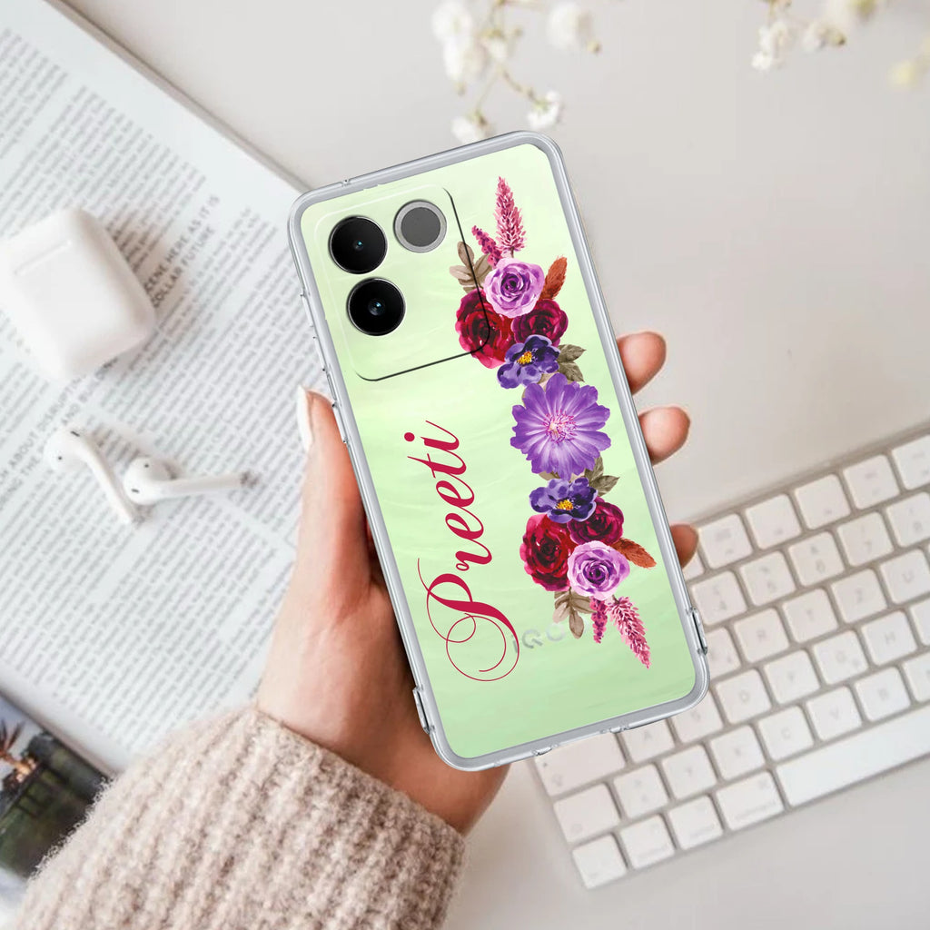 Blue Aster Floral Customize Transparent Silicon Case For Vivo T2 Pro 5G