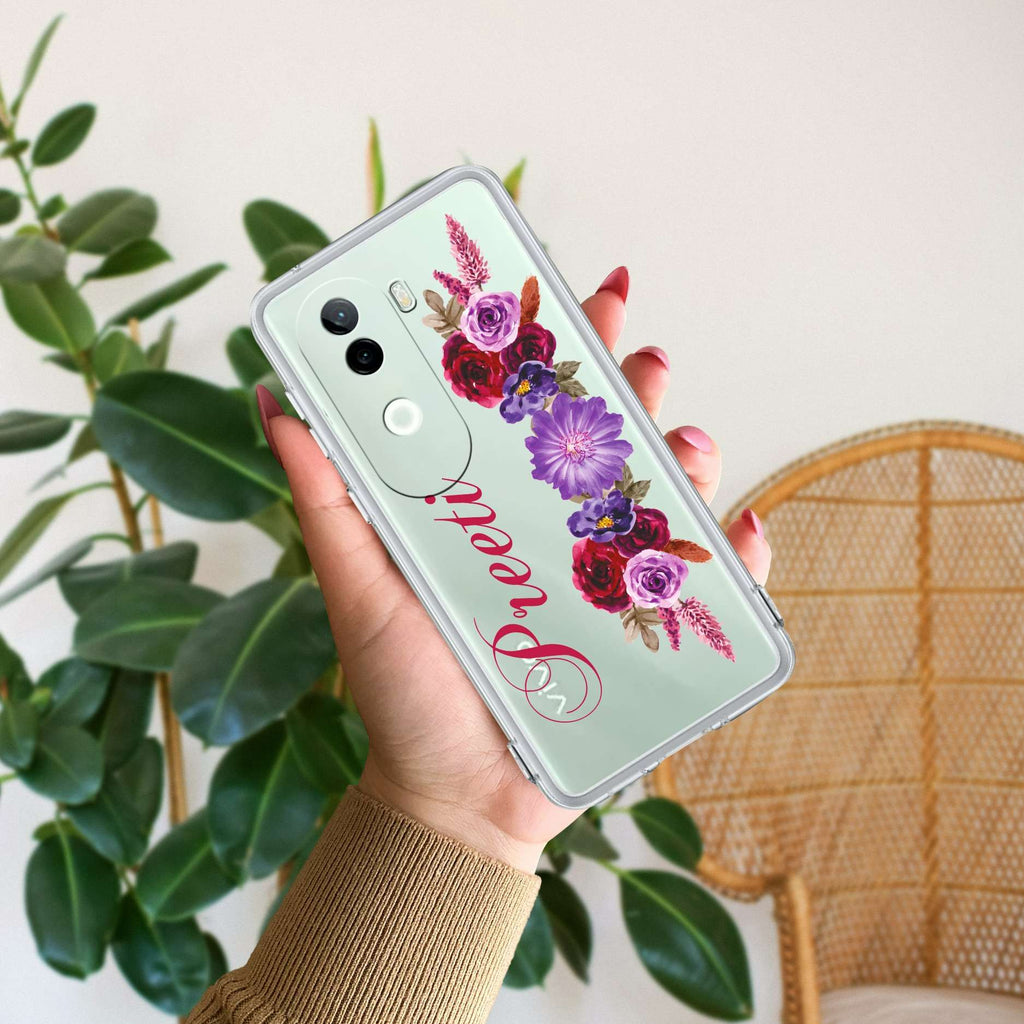 Blue Aster Floral Customize Transparent Silicon Case For Vivo V40e 5G