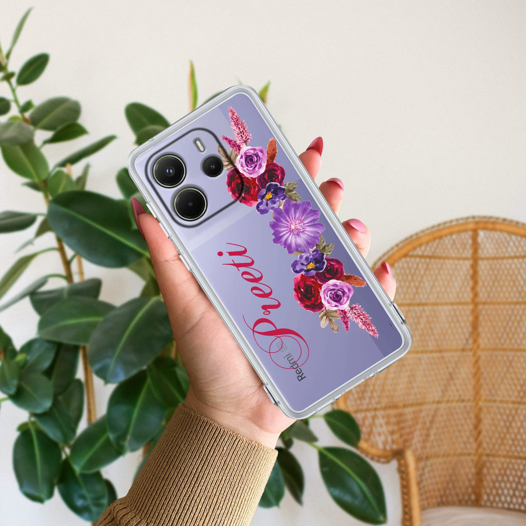 Blue Aster Floral Customize Transparent Silicon Case For REDMI Note 14 SE 5G