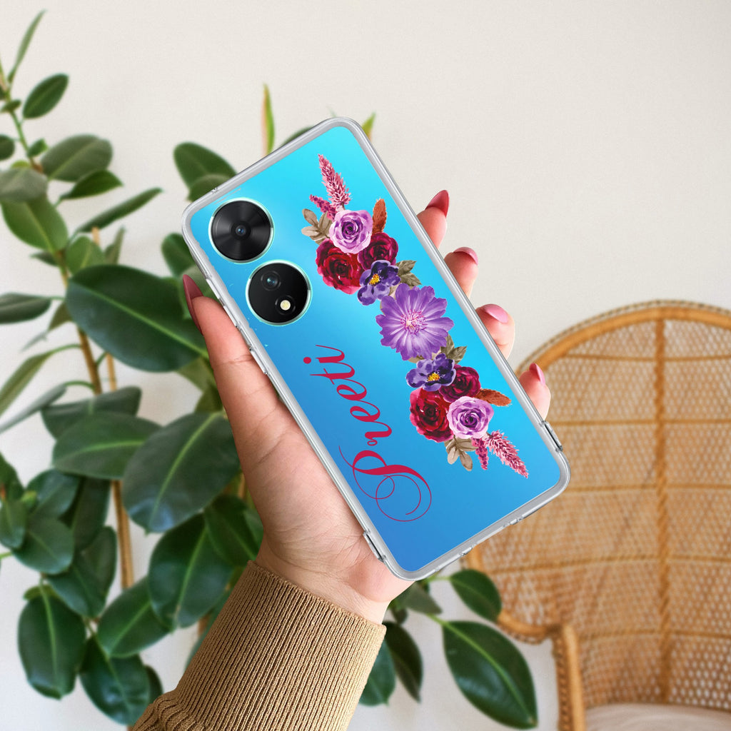Blue Aster Floral Customize Transparent Silicon Case For Vivo T2 5G