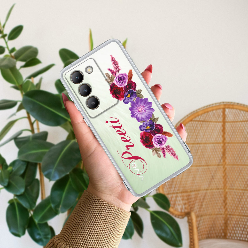 Blue Aster Floral Customize Transparent Silicon Case For Vivo T3 5G