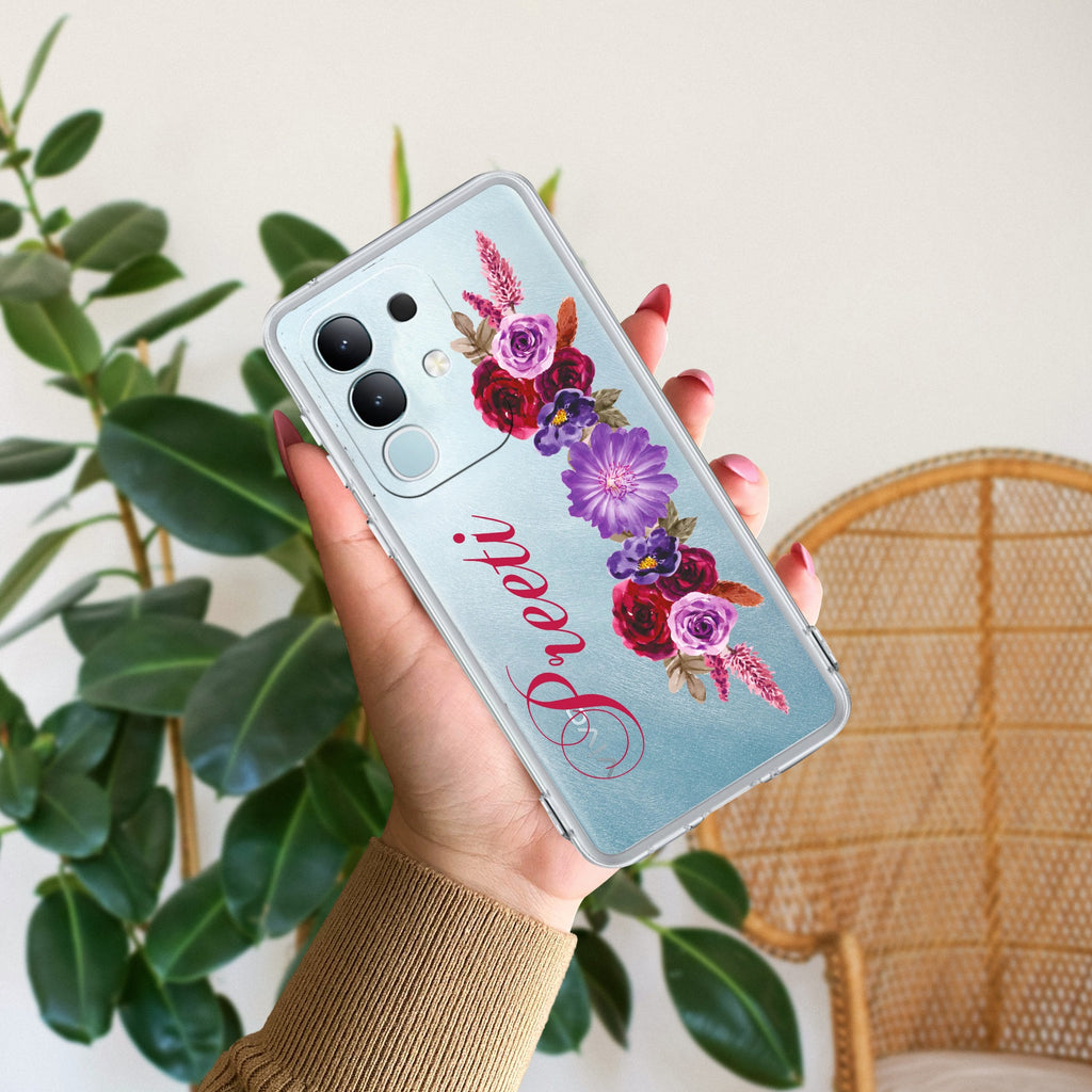 Blue Aster Floral Customize Transparent Silicon Case For Vivo T4x 5G