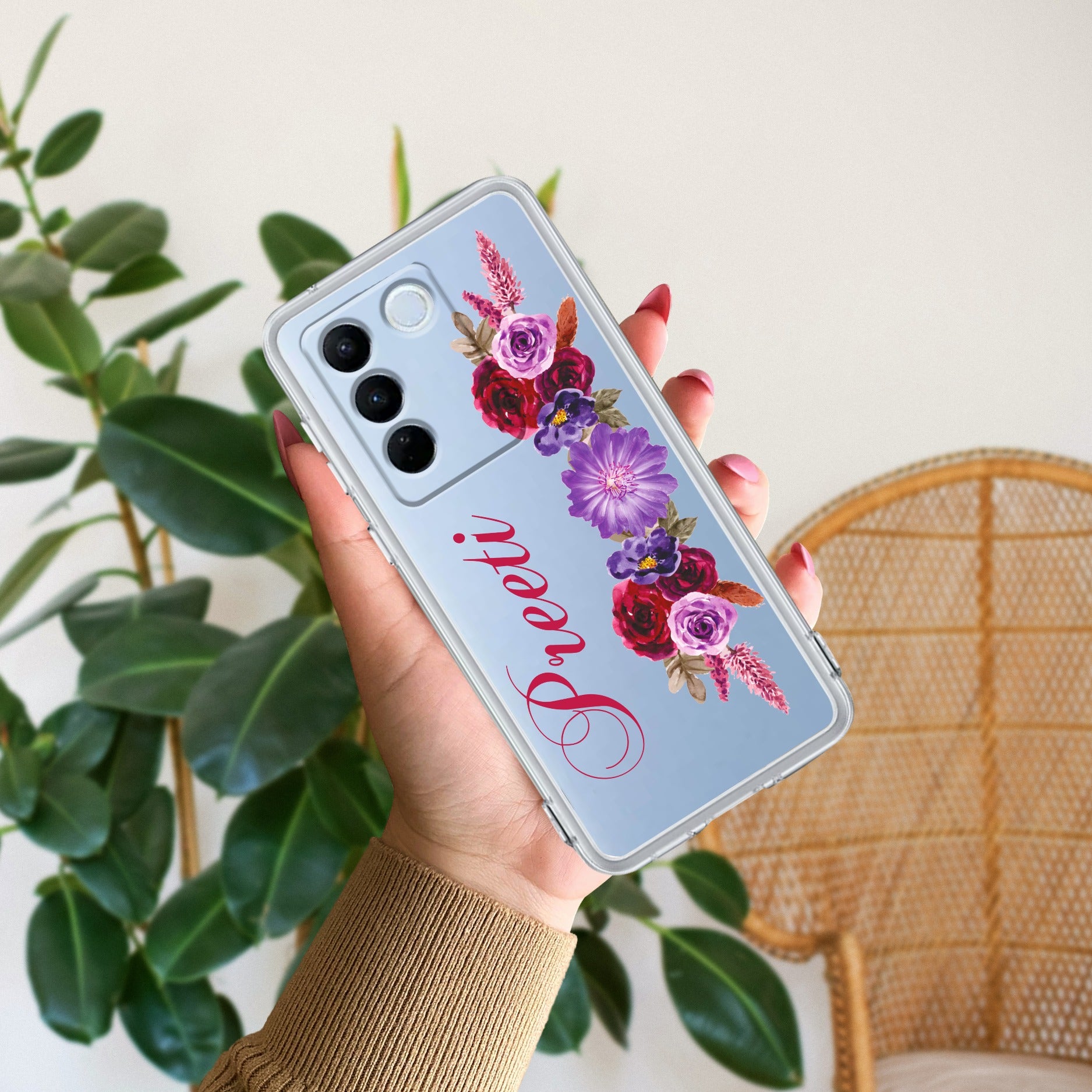 Blue Aster Floral Customize Anti Yellow Case For Vivo V27 Pro 5G