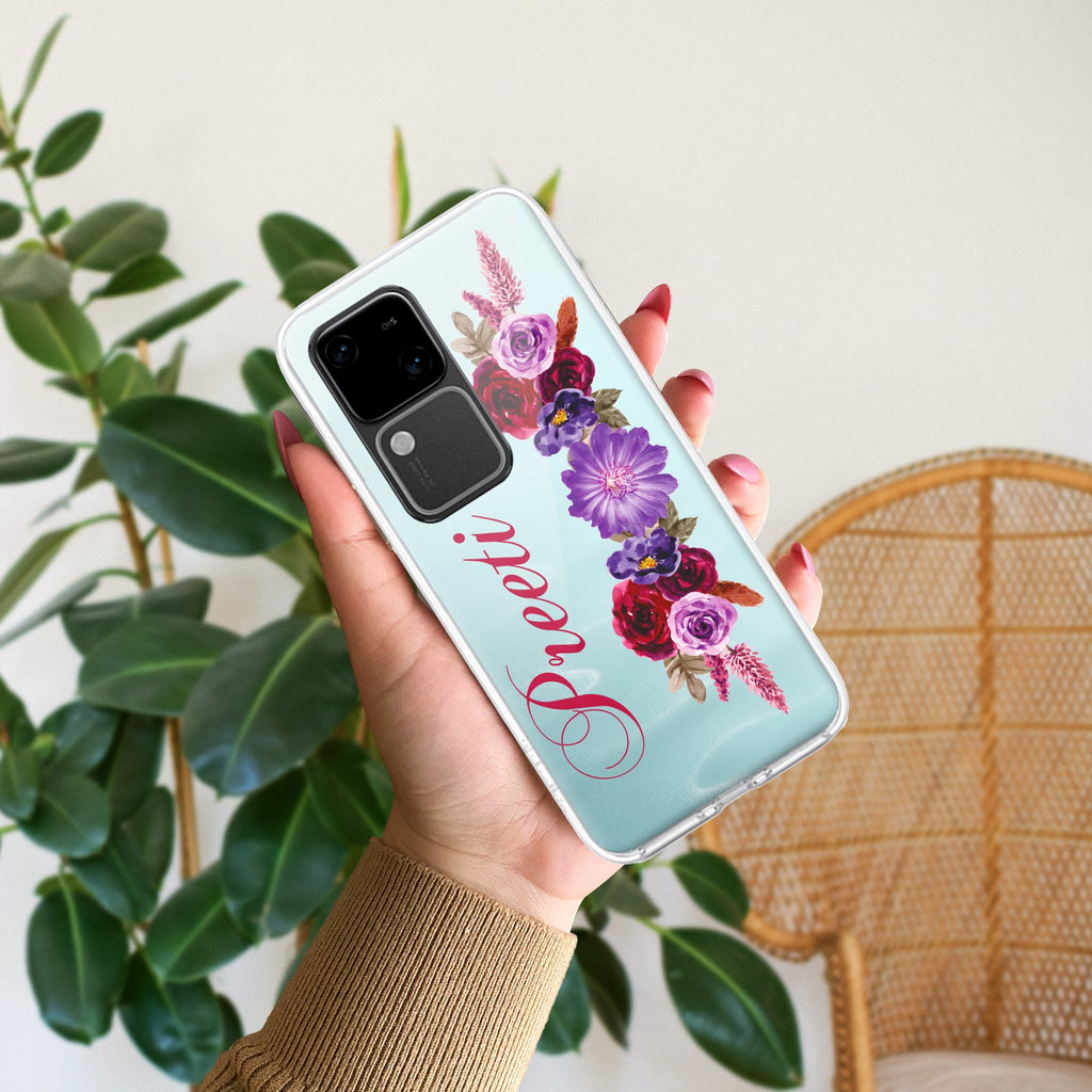 Blue Aster Floral Customize Transparent Silicon Case For Vivo V30 5G