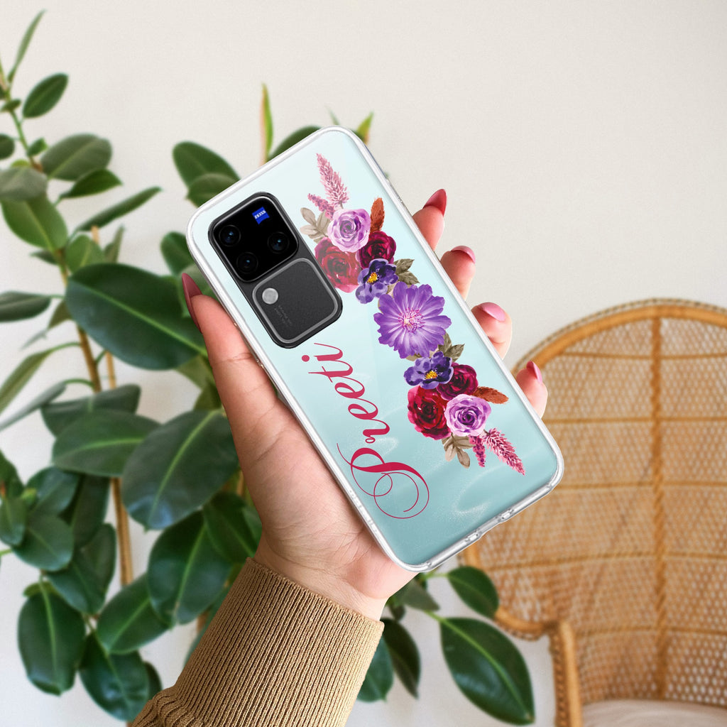 Blue Aster Floral Customize Transparent Silicon Case For Vivo V30 Pro 5G