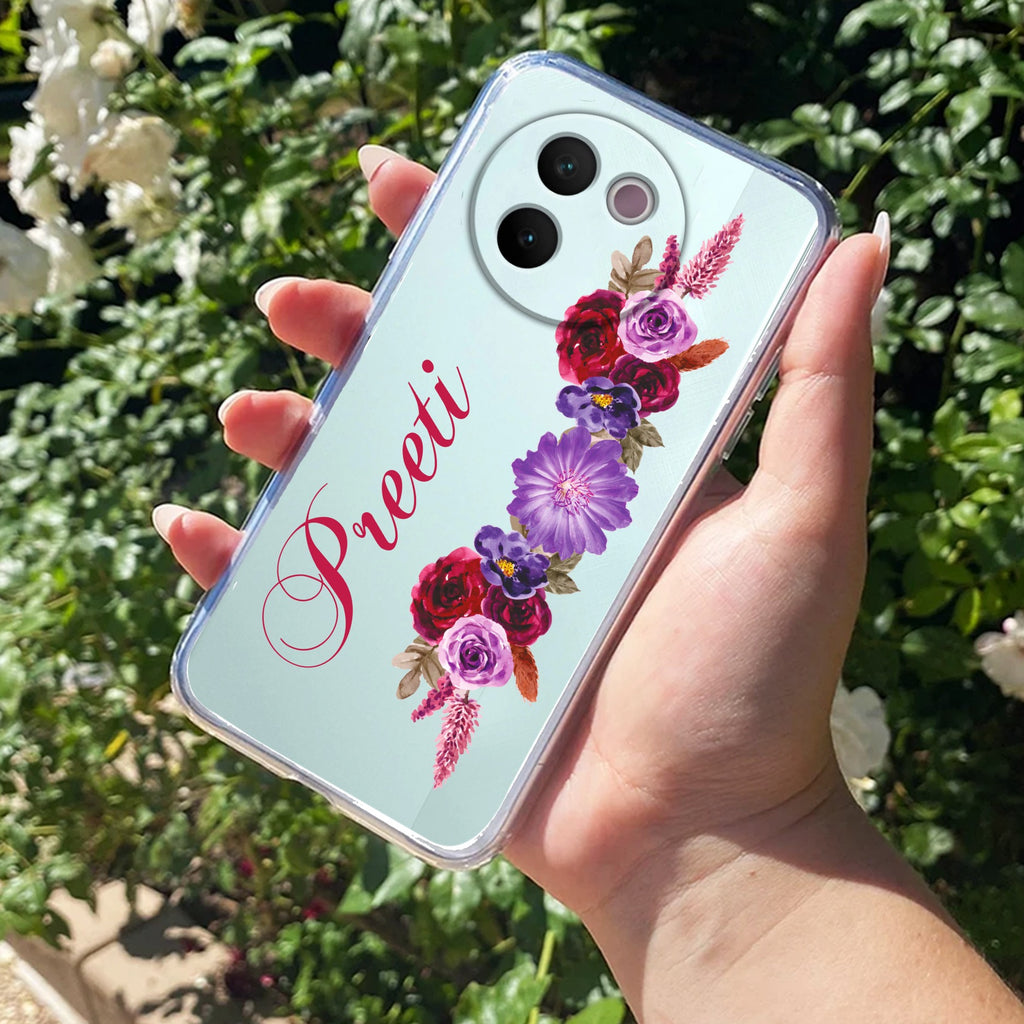 Blue Aster Floral Customize Transparent Silicon Case For Vivo V30e 5G