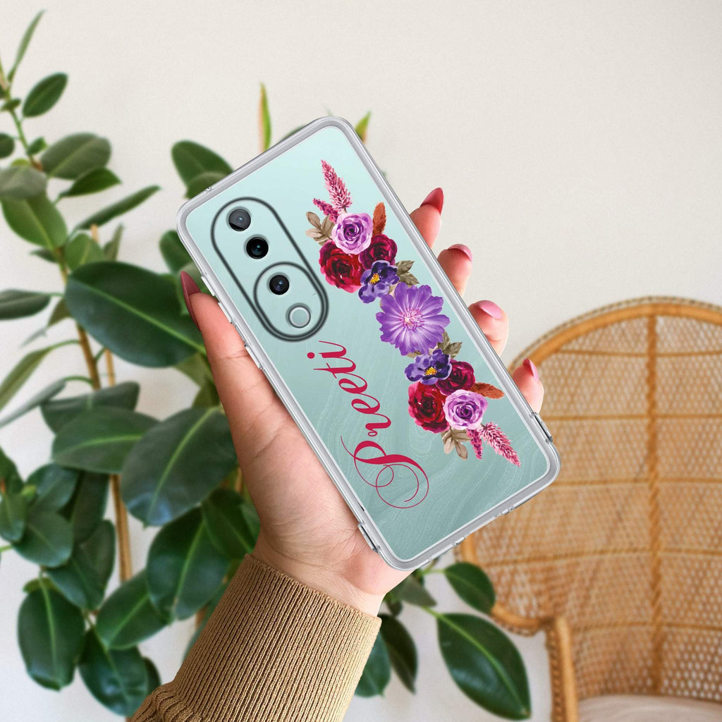 Blue Aster Floral Customize Transparent Silicon Case For Vivo V50e 5G