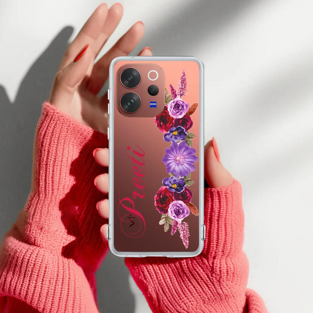 Blue Aster Floral Customize Transparent Silicon Case For Vivo V40 Pro 5G