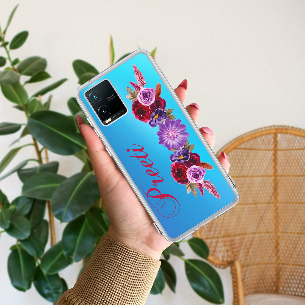 Blue Aster Floral Customize Transparent Silicon Case For Vivo T1x