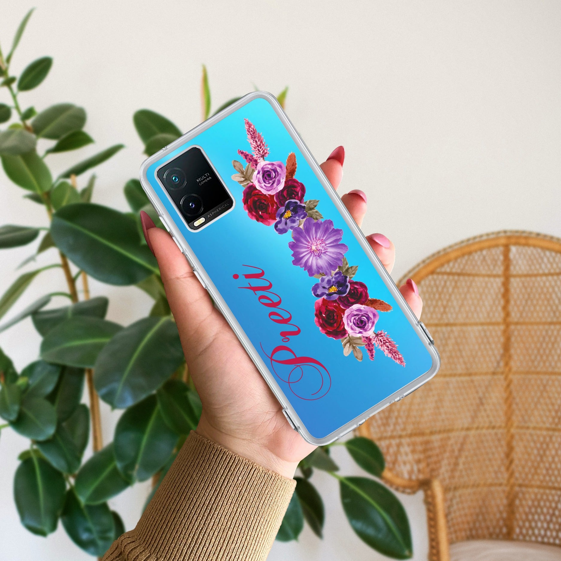 Blue Aster Floral Customize Transparent Silicon Case For Vivo T1x