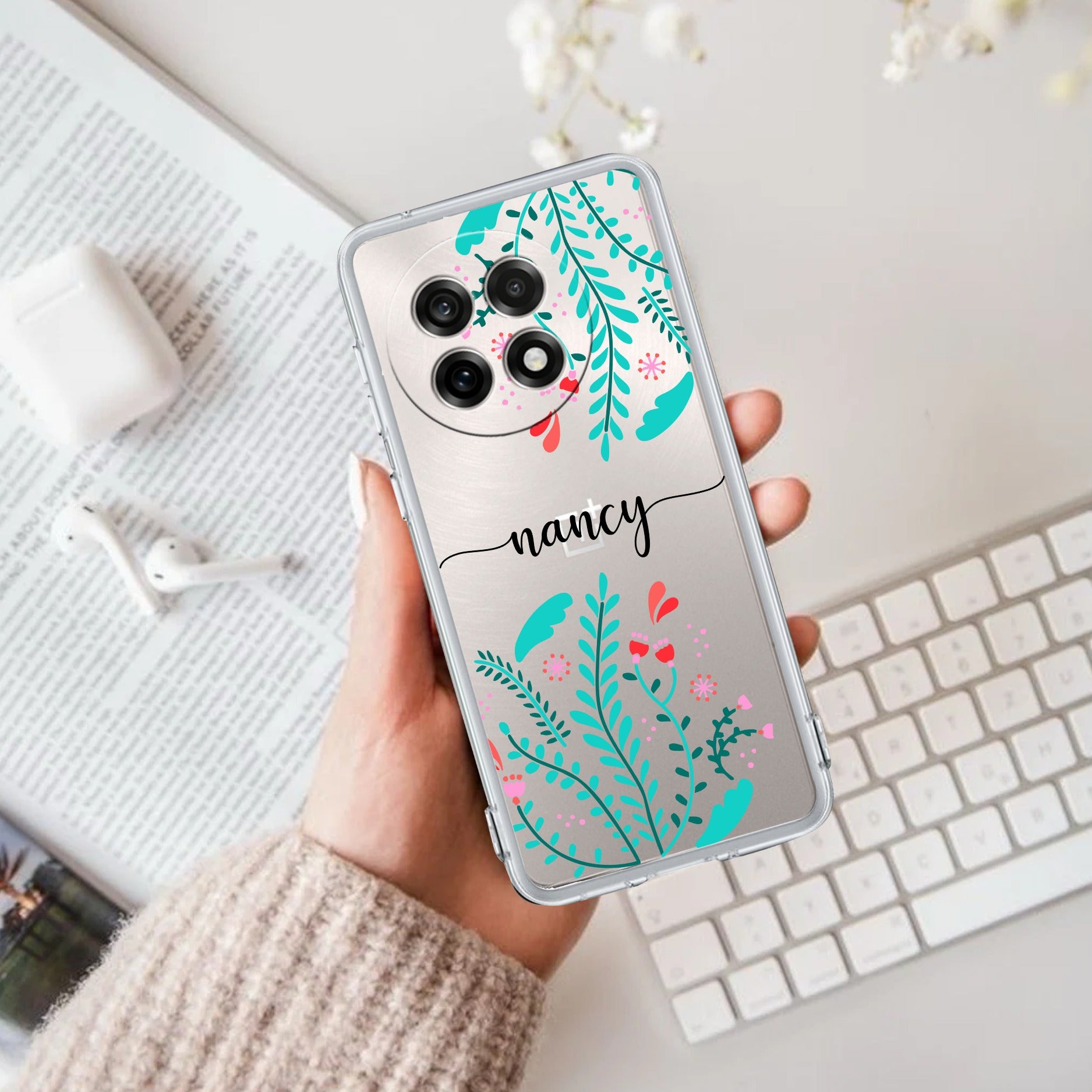 Blue Floral Customize Transparent Silicon Case For OnePlus 13R 5G