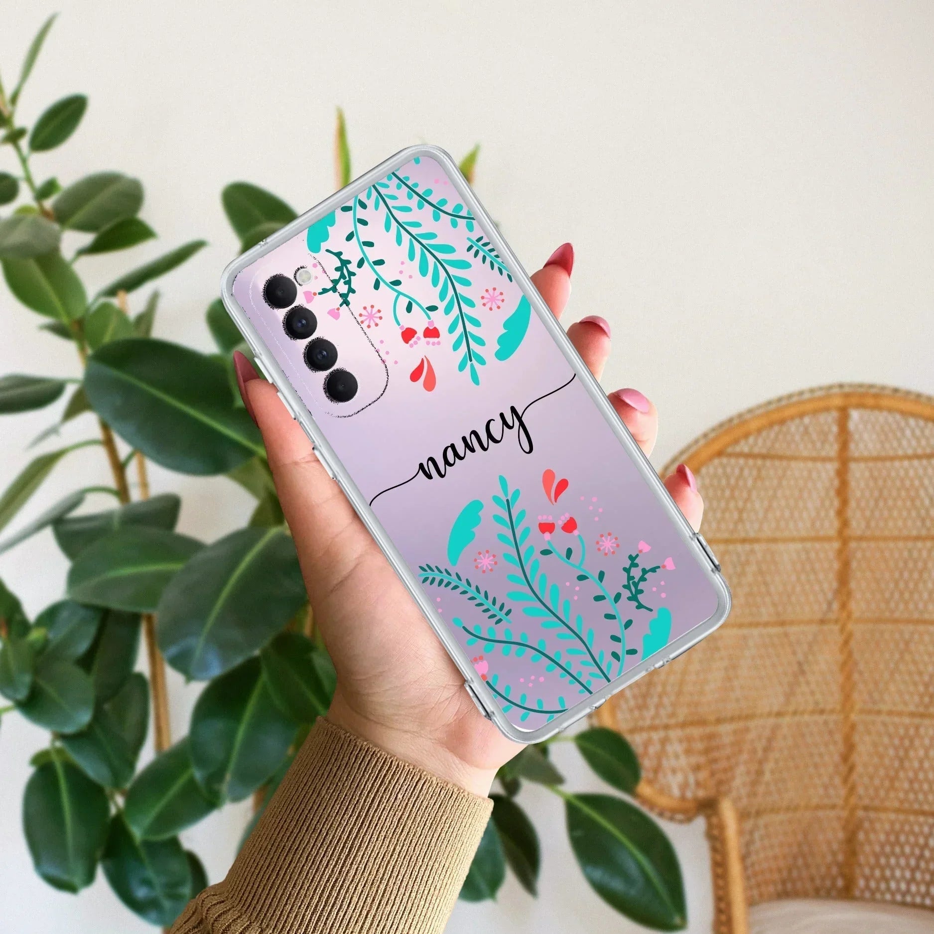 Blue Floral Customize Anti Yellow Case For Oppo Reno 4 Pro