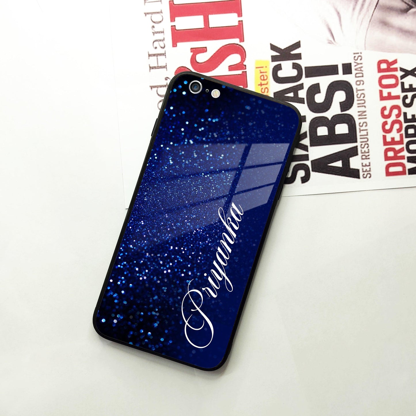 Blue Glitter Customize Glass Case Cover For iPhone