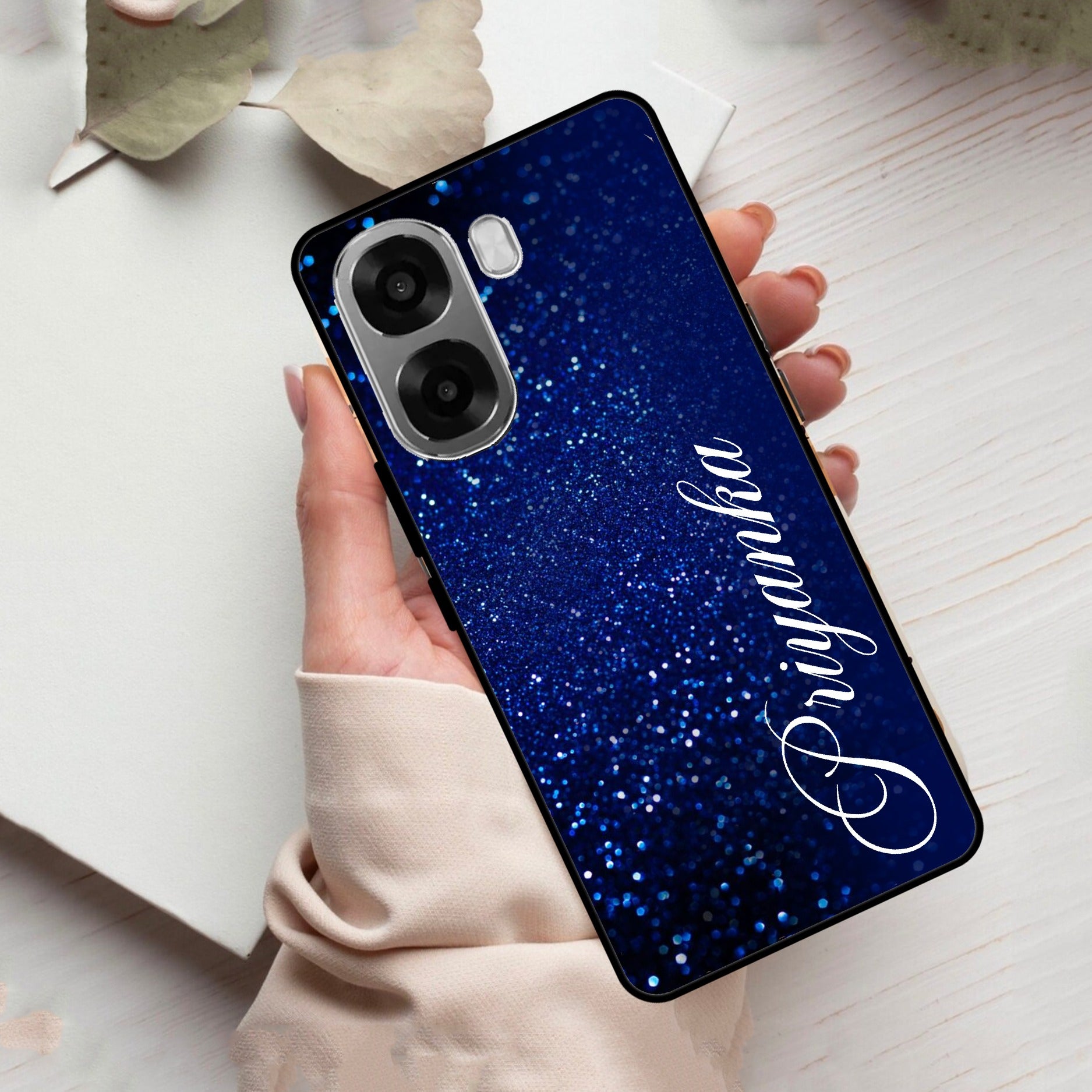 Blue Glitter Customize Glass Case Cover For Oppo