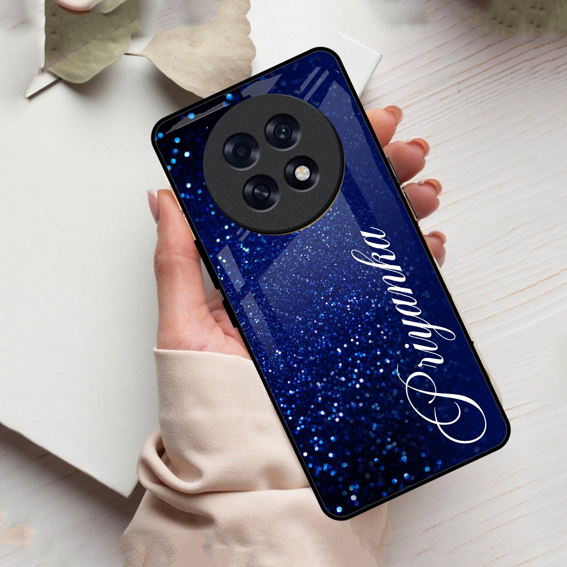 Blue Glitter Customize Glass Case Cover For Oppo