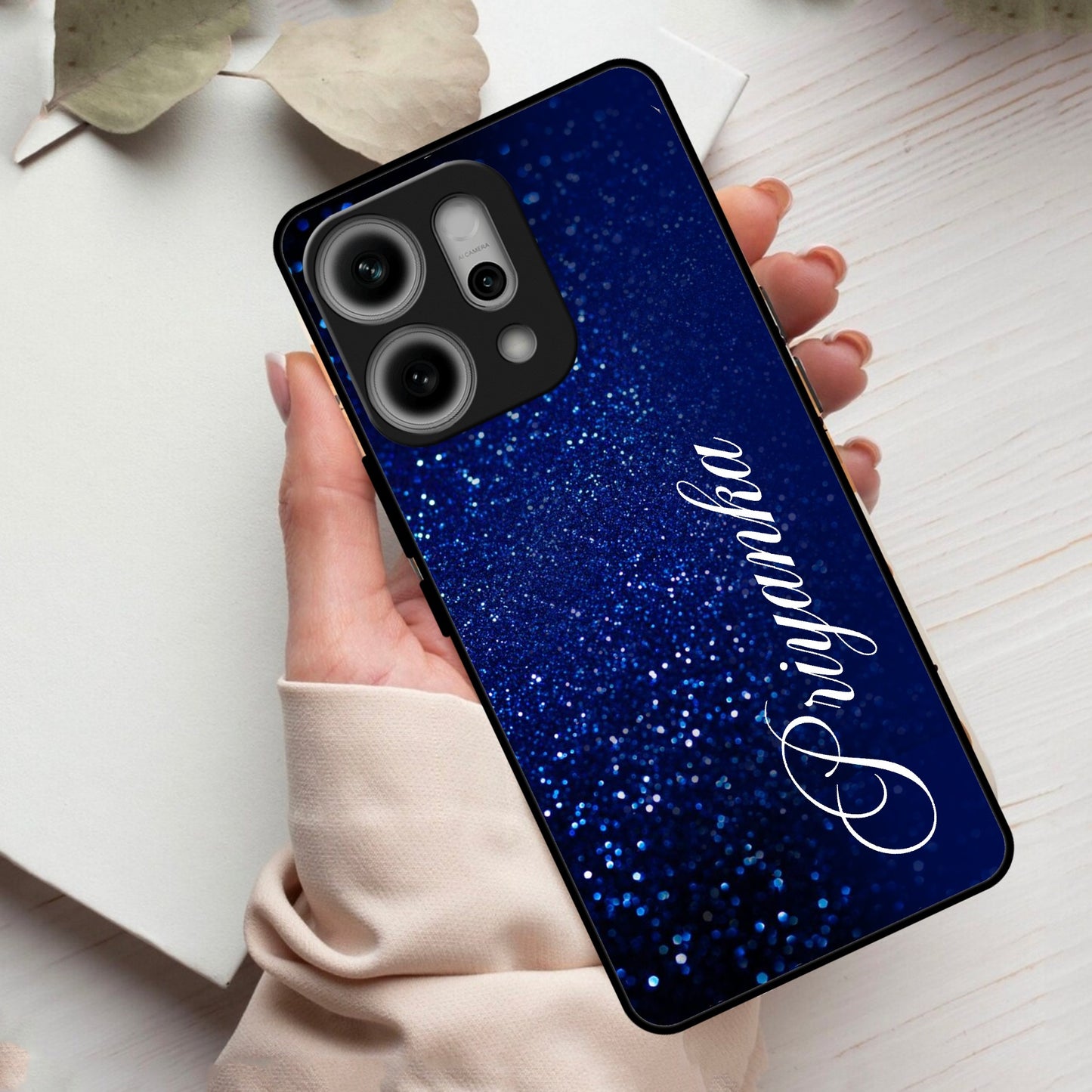 Blue Glitter Customize Glass Case Cover For Oppo