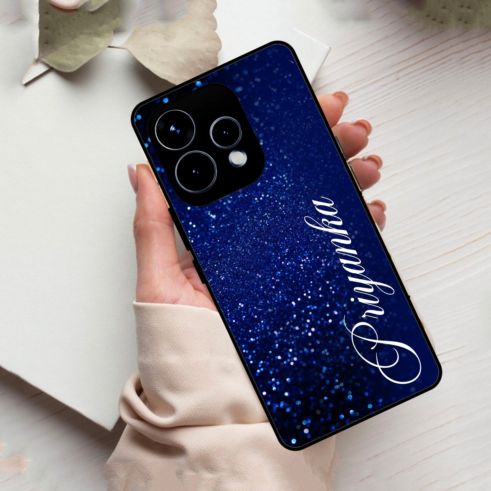 Blue Glitter Customize Glass Case Cover For Oppo