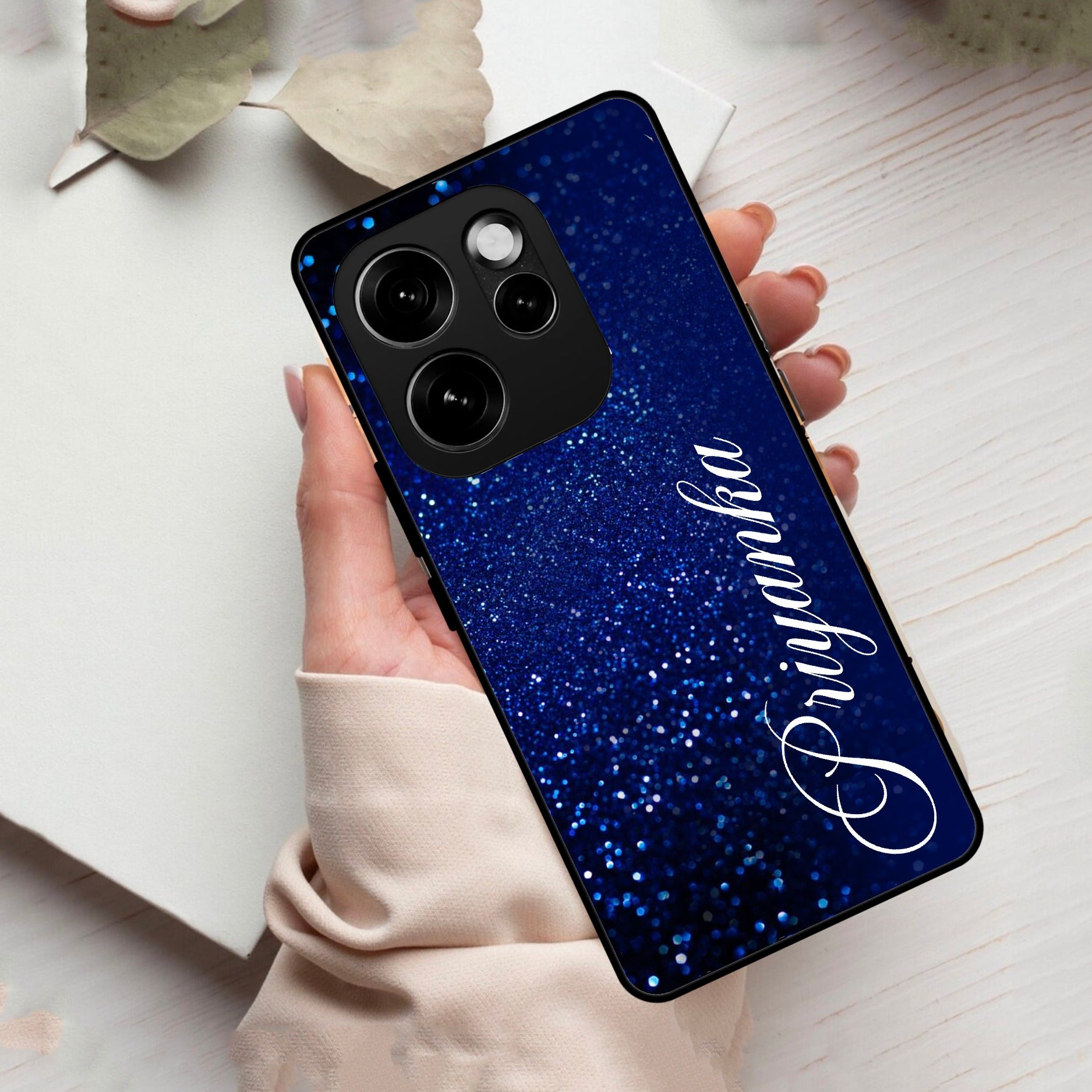 Blue Glitter Customize Glass Case Cover For Oppo