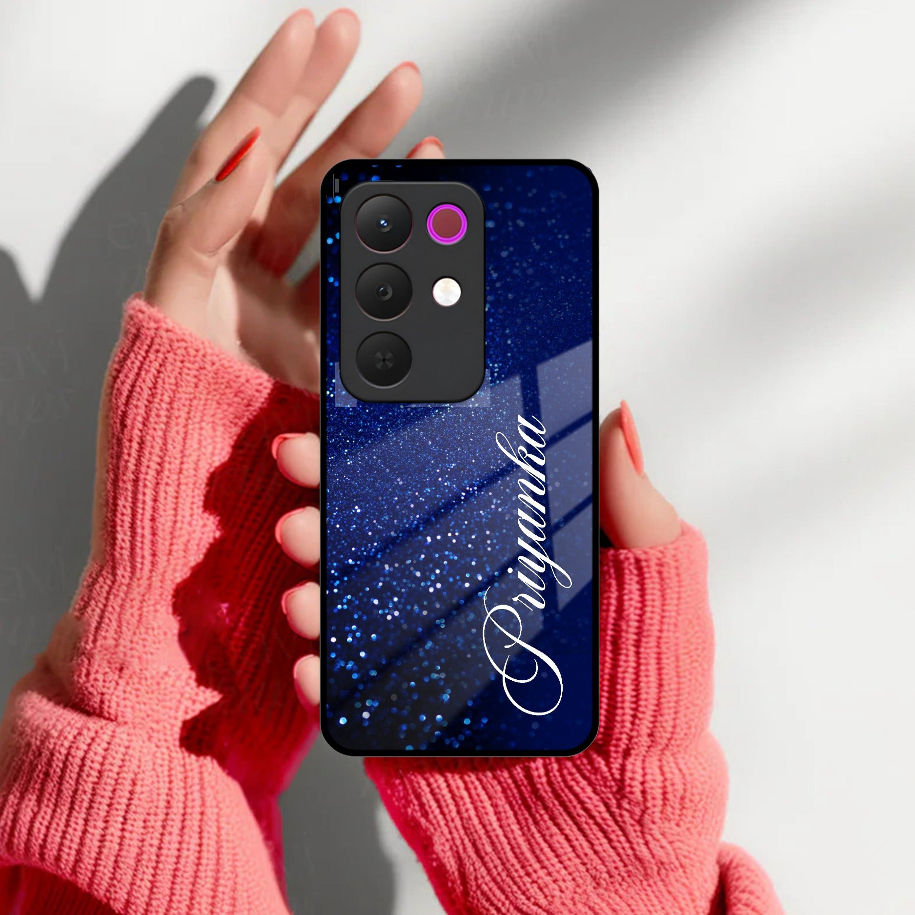 Blue Glitter Customize Glass Case Cover For Realme/Narzo