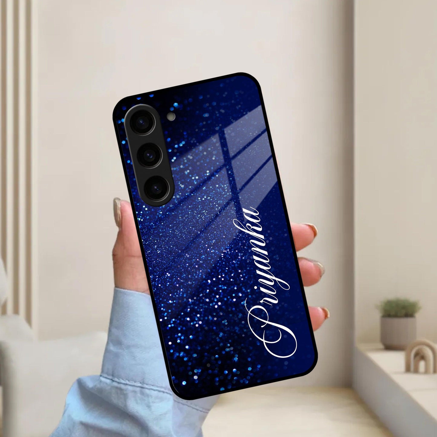 Blue Glitter Customize Glass Case Cover For Samsung