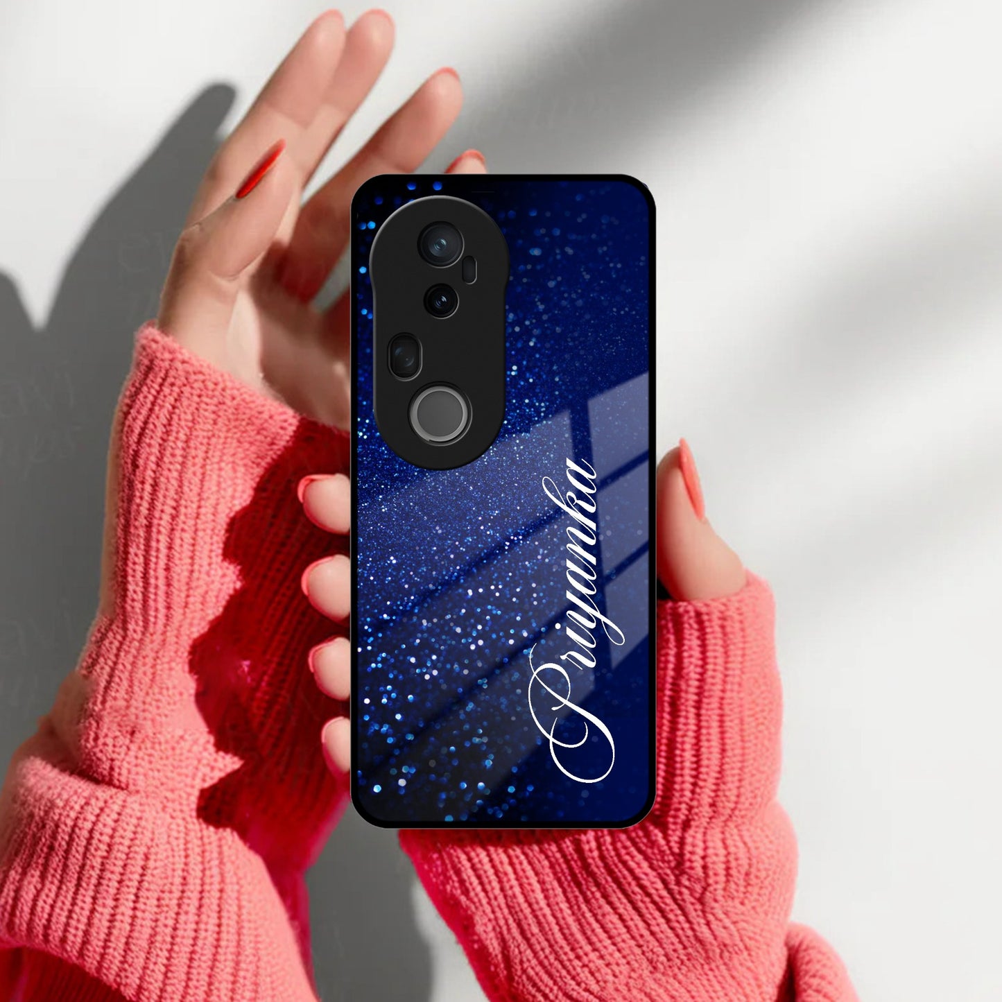 Blue Glitter Customize Glass Case Cover For Vivo