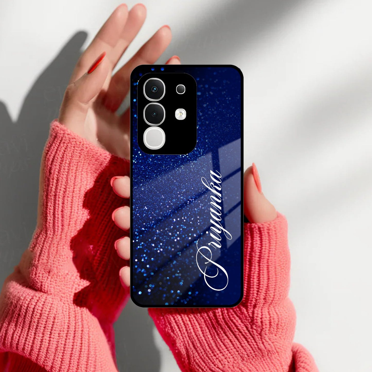 Blue Glitter Customize Glass Case Cover For Vivo