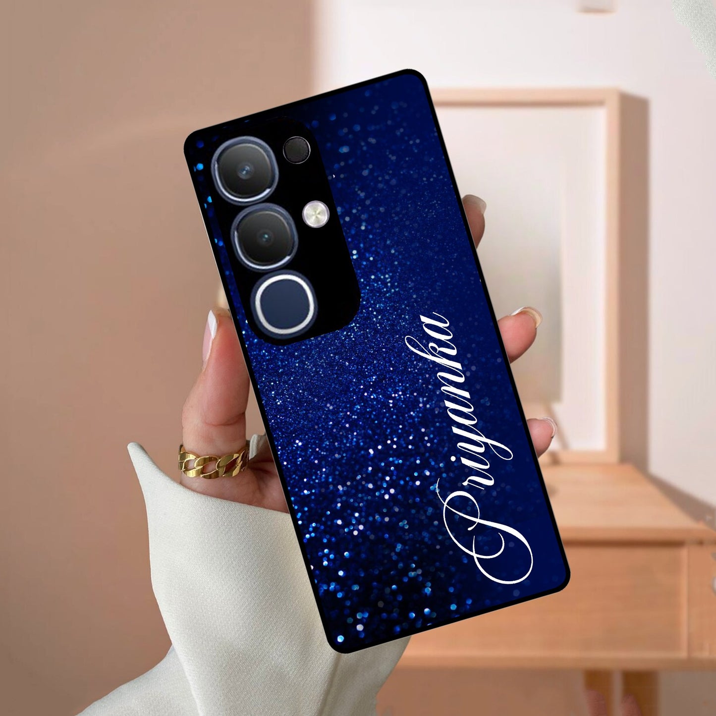 Blue Glitter Customize Glass Case Cover For Vivo