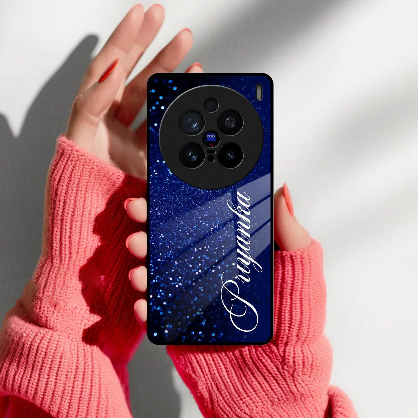 Blue Glitter Customize Glass Case Cover For Vivo