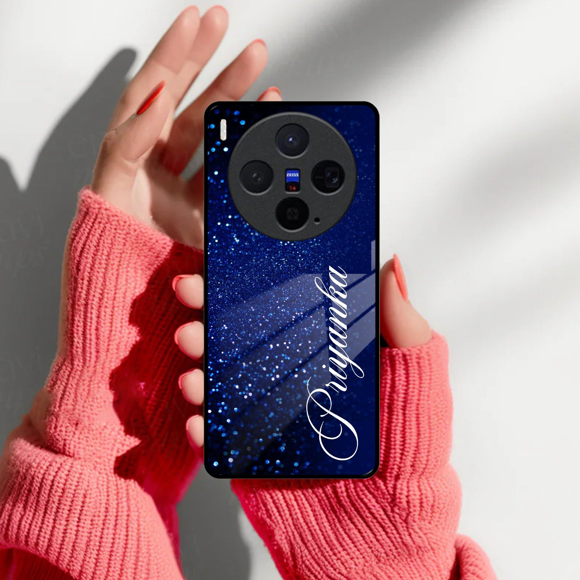 Blue Glitter Customize Glass Case Cover For Vivo