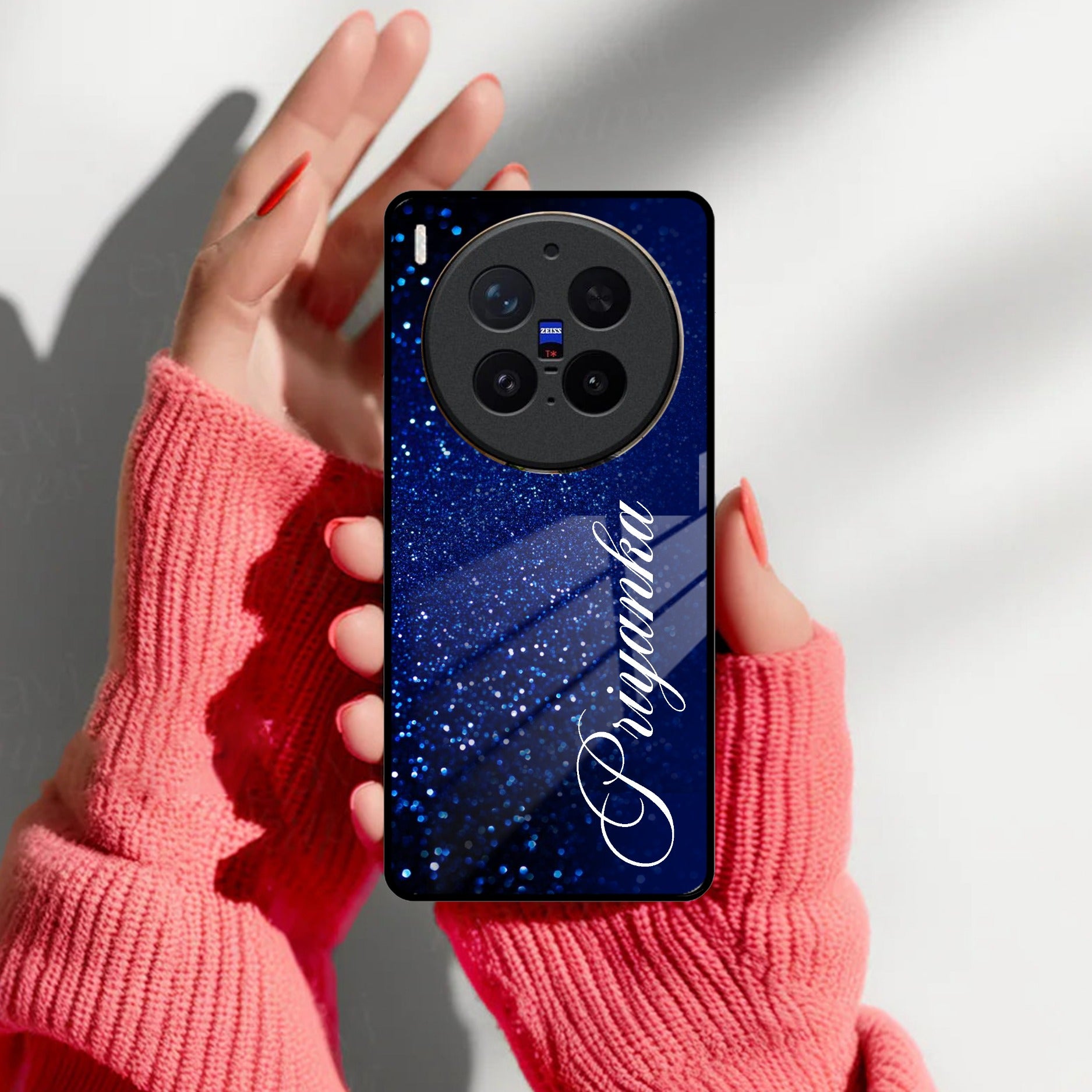 Blue Glitter Customize Glass Case Cover For Vivo