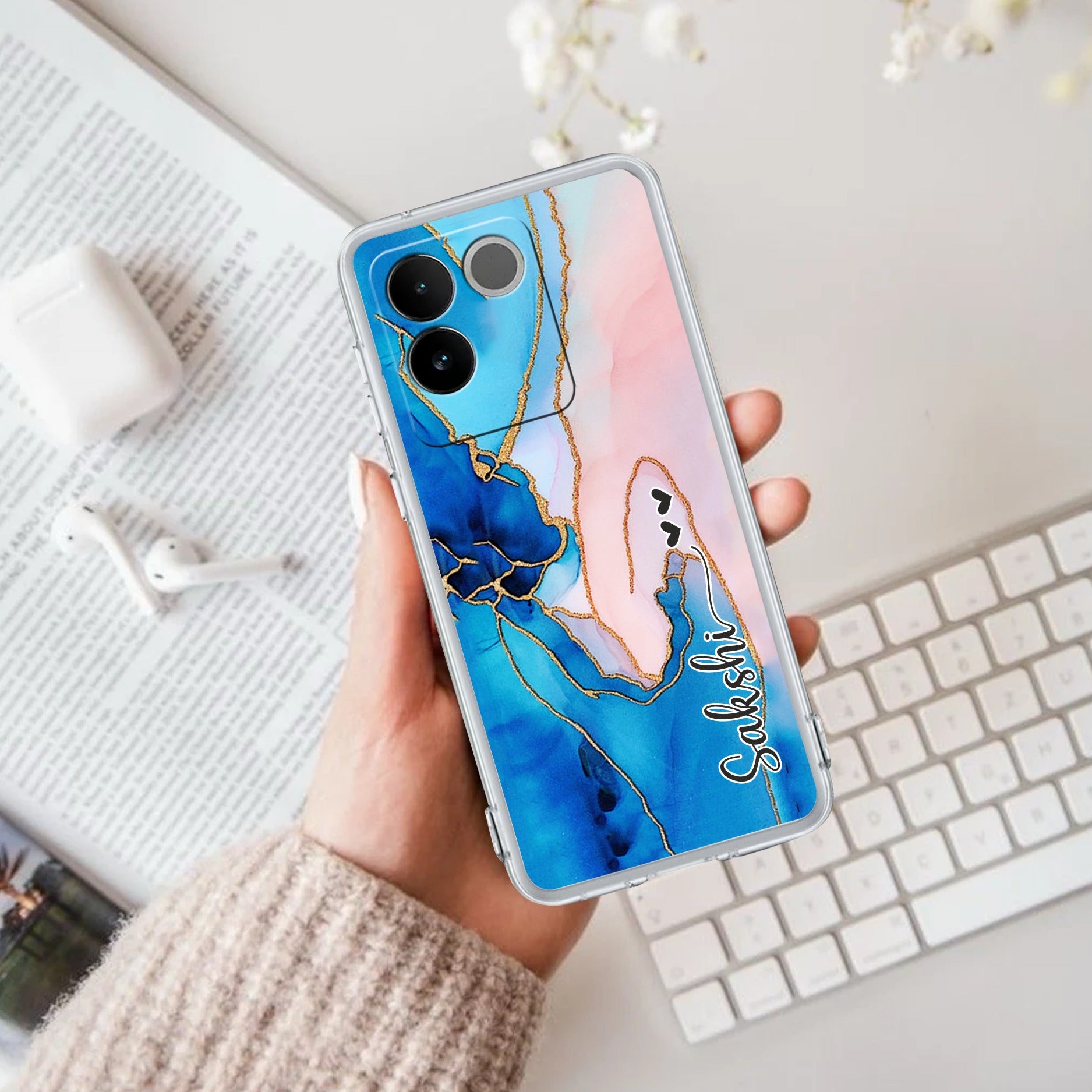 Blue Gradient Marble Customize Transparent Silicon Case For Vivo X90 Pro Plus 5G