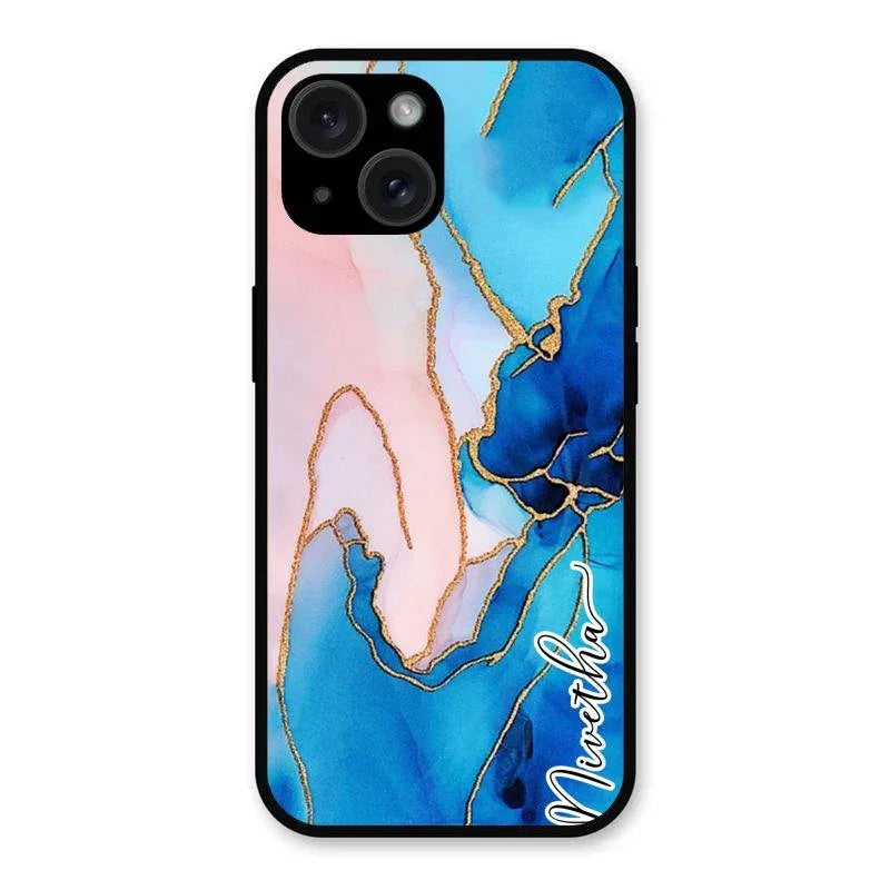 Blue Marble Glossy Metal Case Cover For iPhone 15 Plus