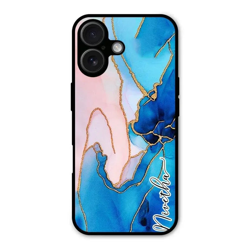 Blue Marble Glossy Metal Case Cover For iPhone 16 Plus