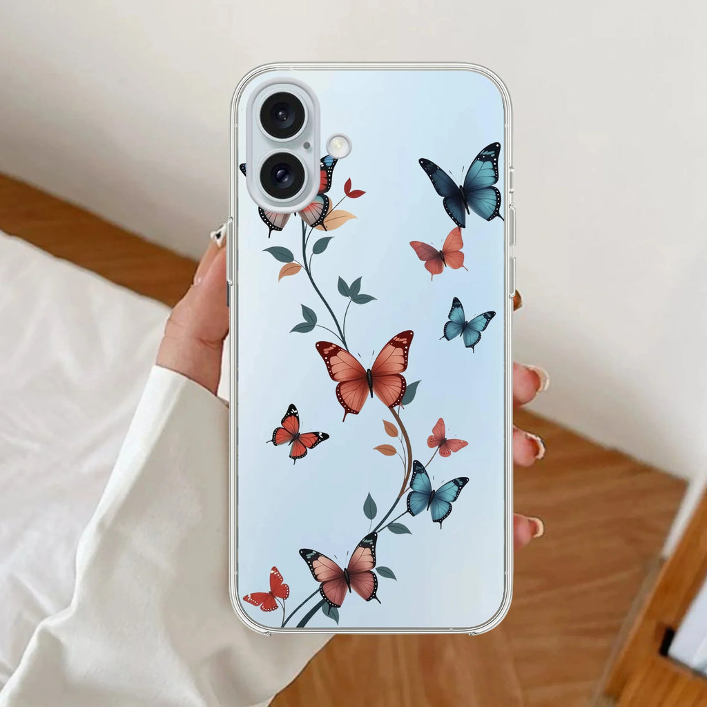 Butterfly Floral Design Anti Yellow Clear Case For iPhone 16