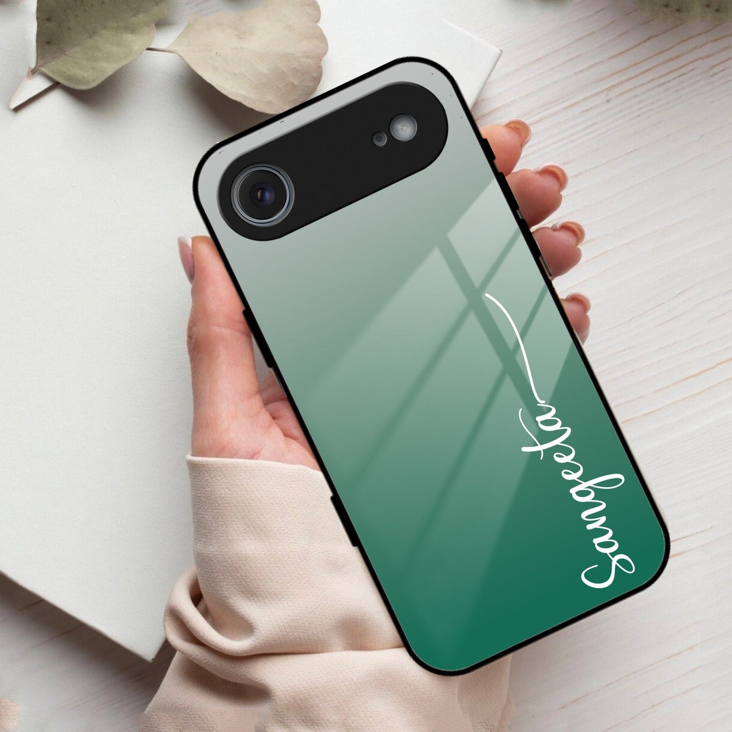 Customize Name Gradient Glass Case Cover Green For iPhone