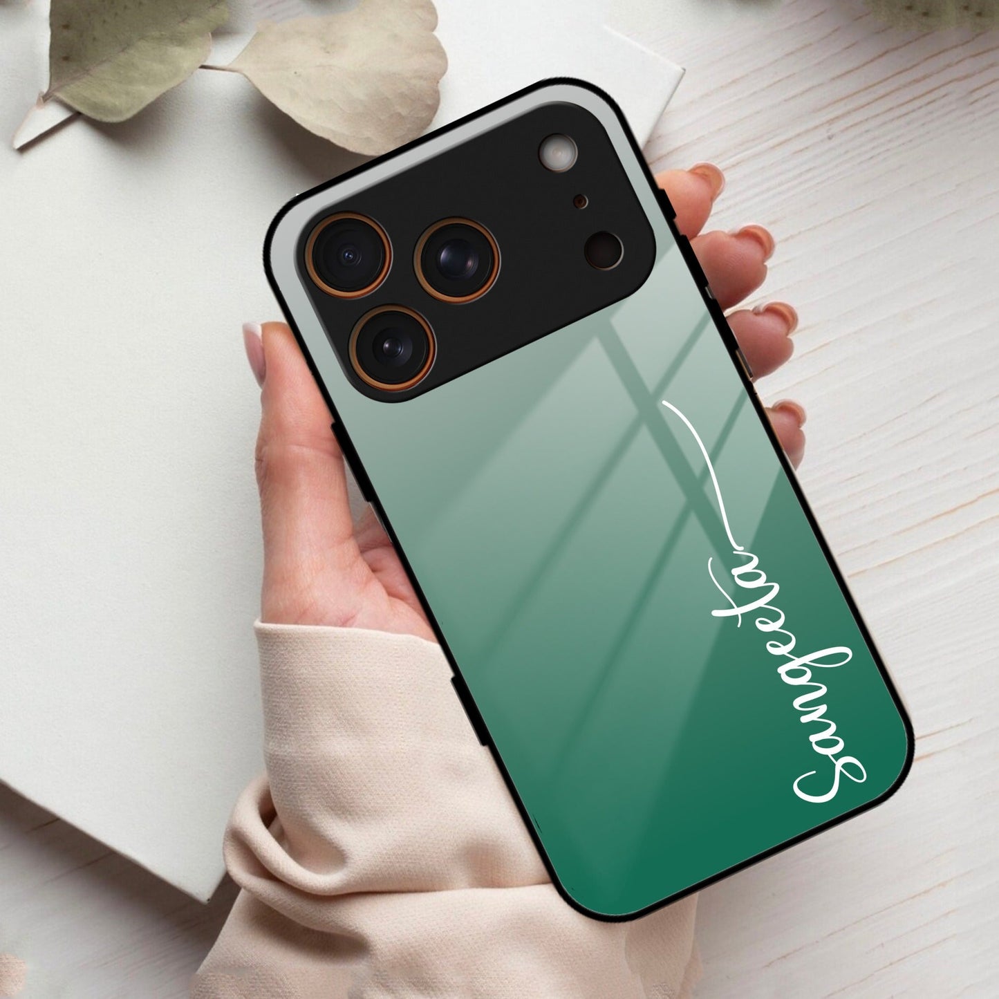 Customize Name Gradient Glass Case Cover Green For iPhone