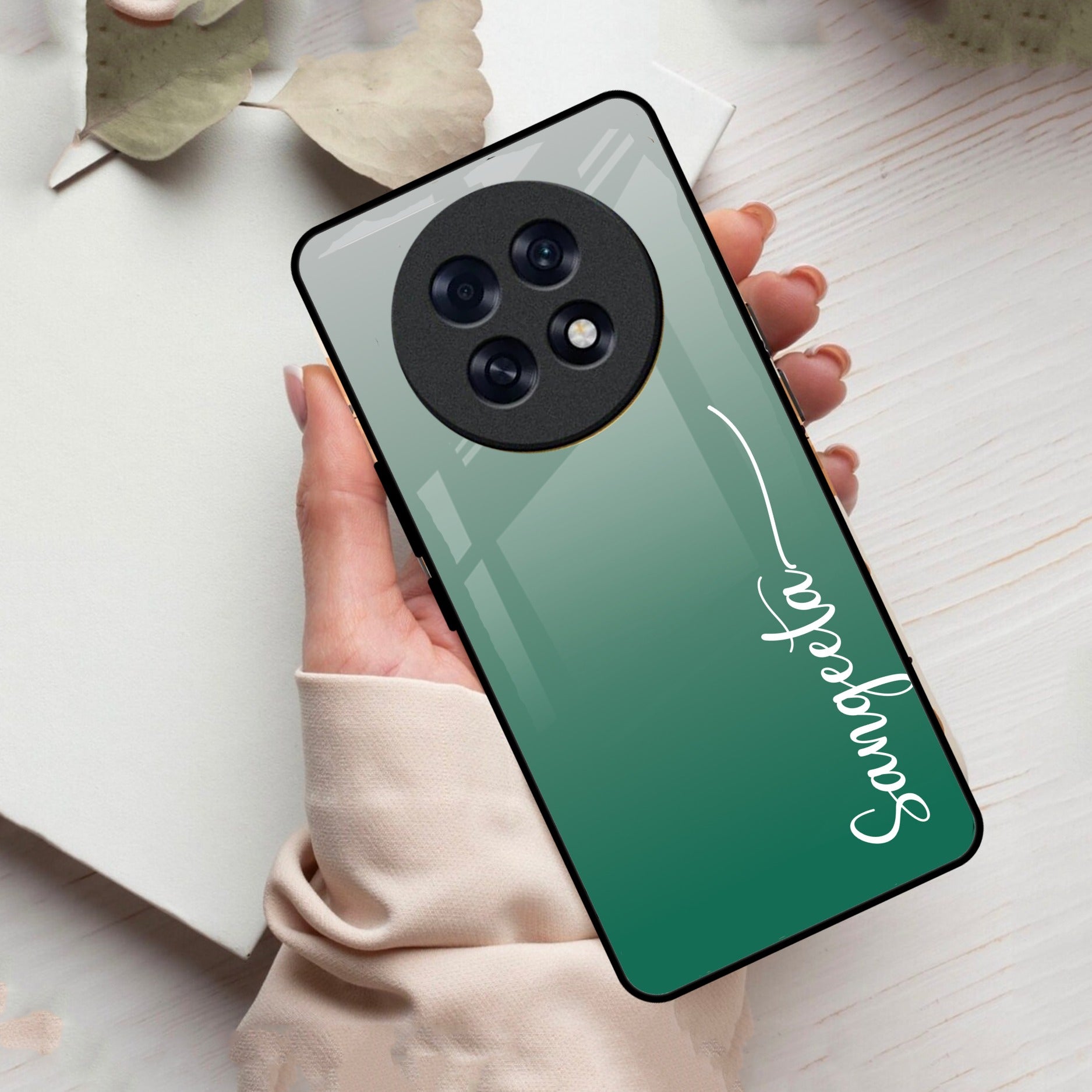 Customize Name Gradient Glass Case Cover Green For Oppo