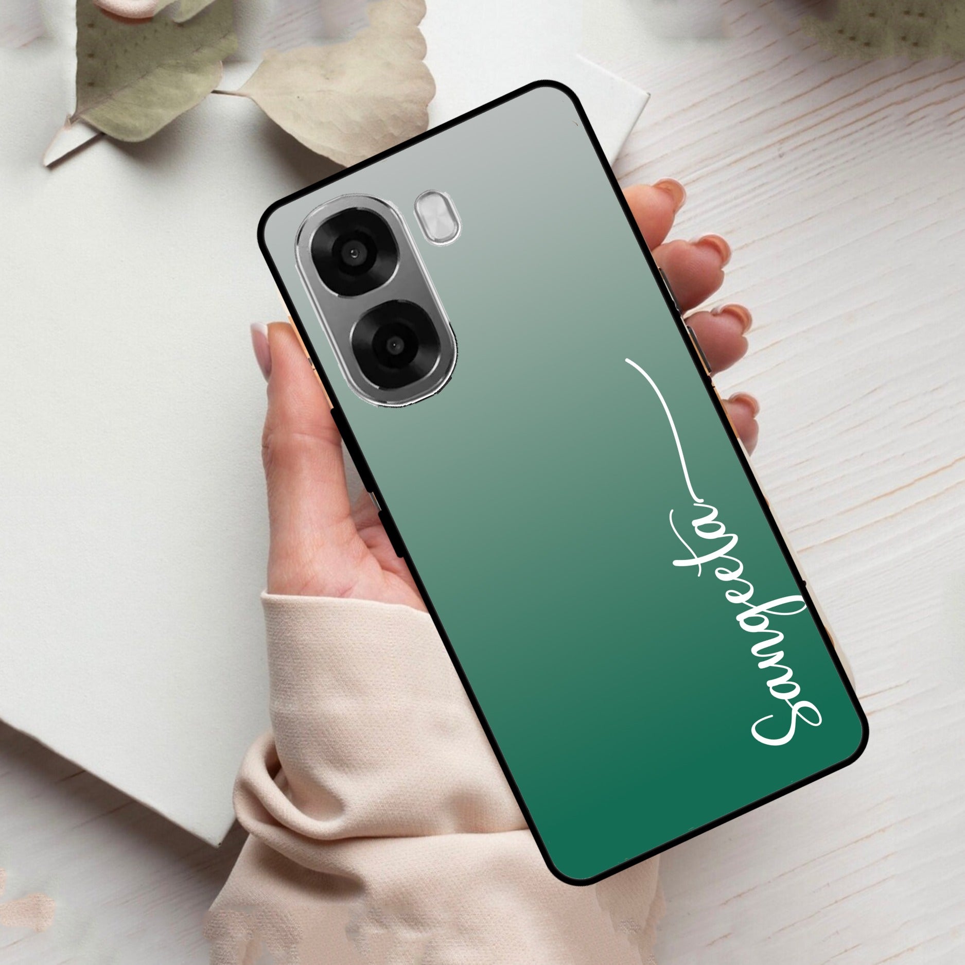 Customize Name Gradient Glass Case Cover Green For Oppo