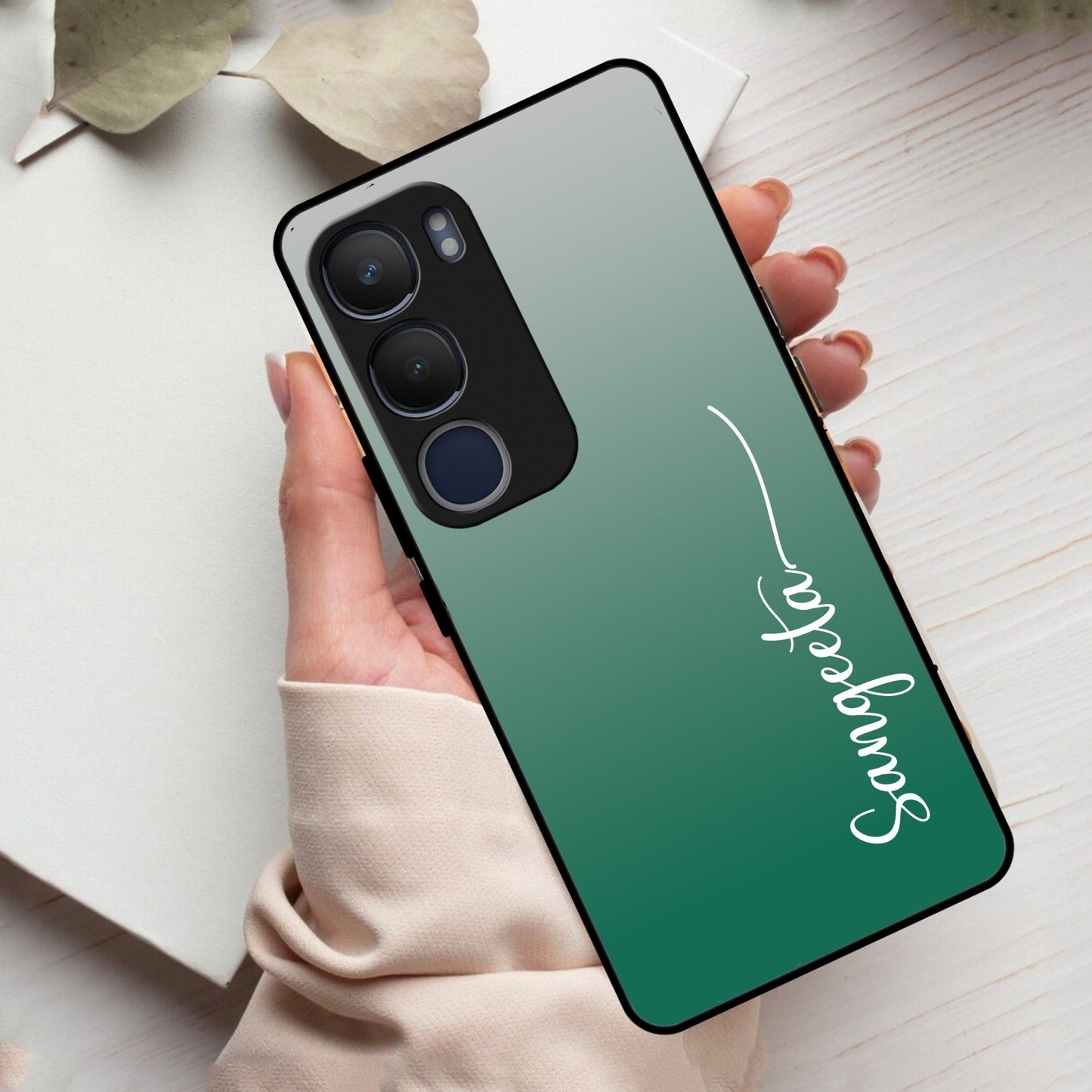 Customize Name Gradient Glass Case Cover Green For Vivo