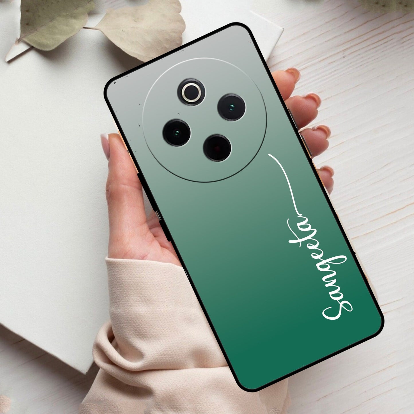 Customize Name Gradient Glass Case Cover Green For Vivo