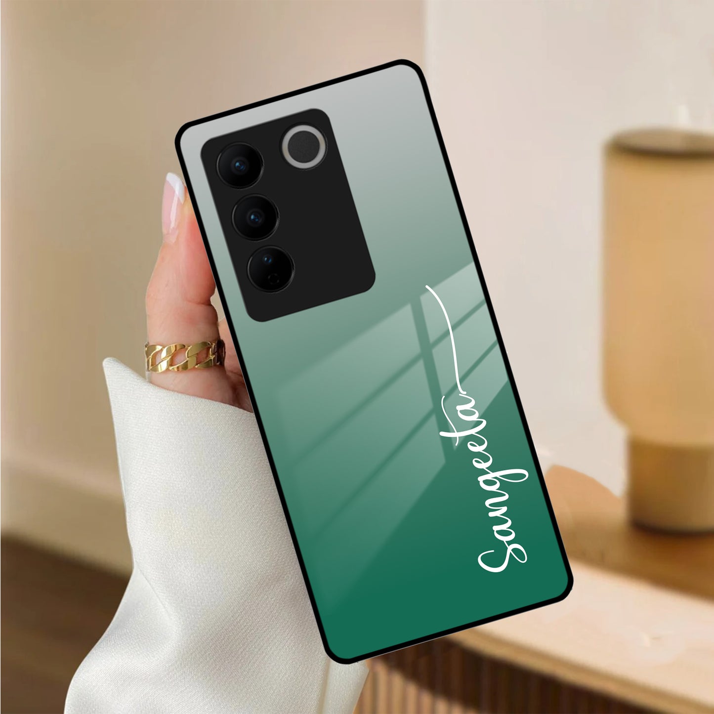 Customize Name Gradient Glass Case Cover Green For Vivo