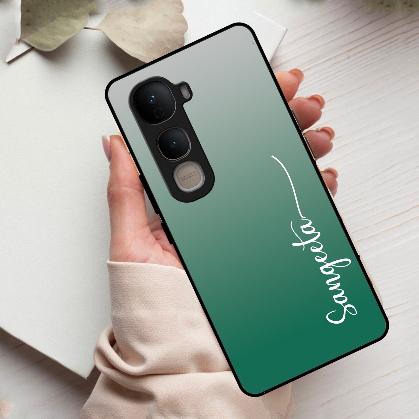 Customize Name Gradient Glass Case Cover Green For Vivo