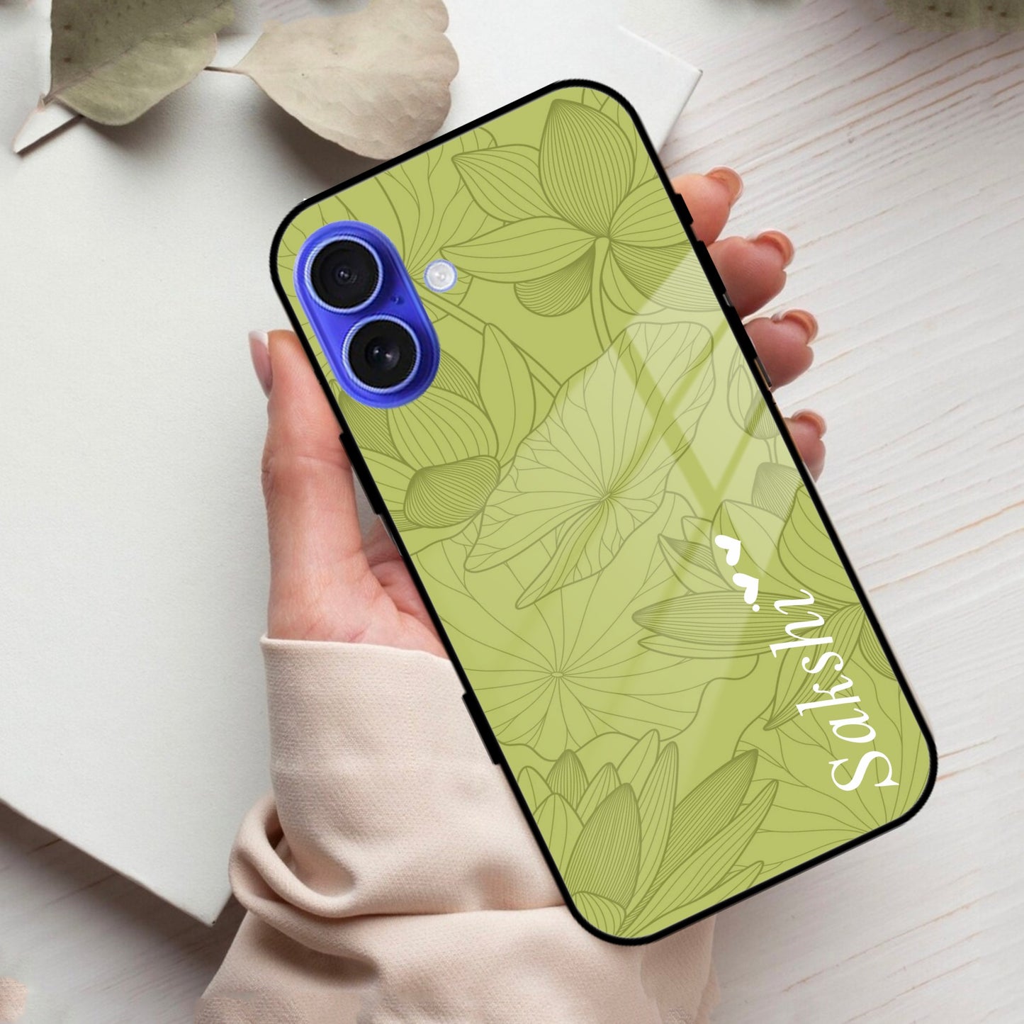 Customized luxury Mint Green leaves Glass Case Cover For iPhone