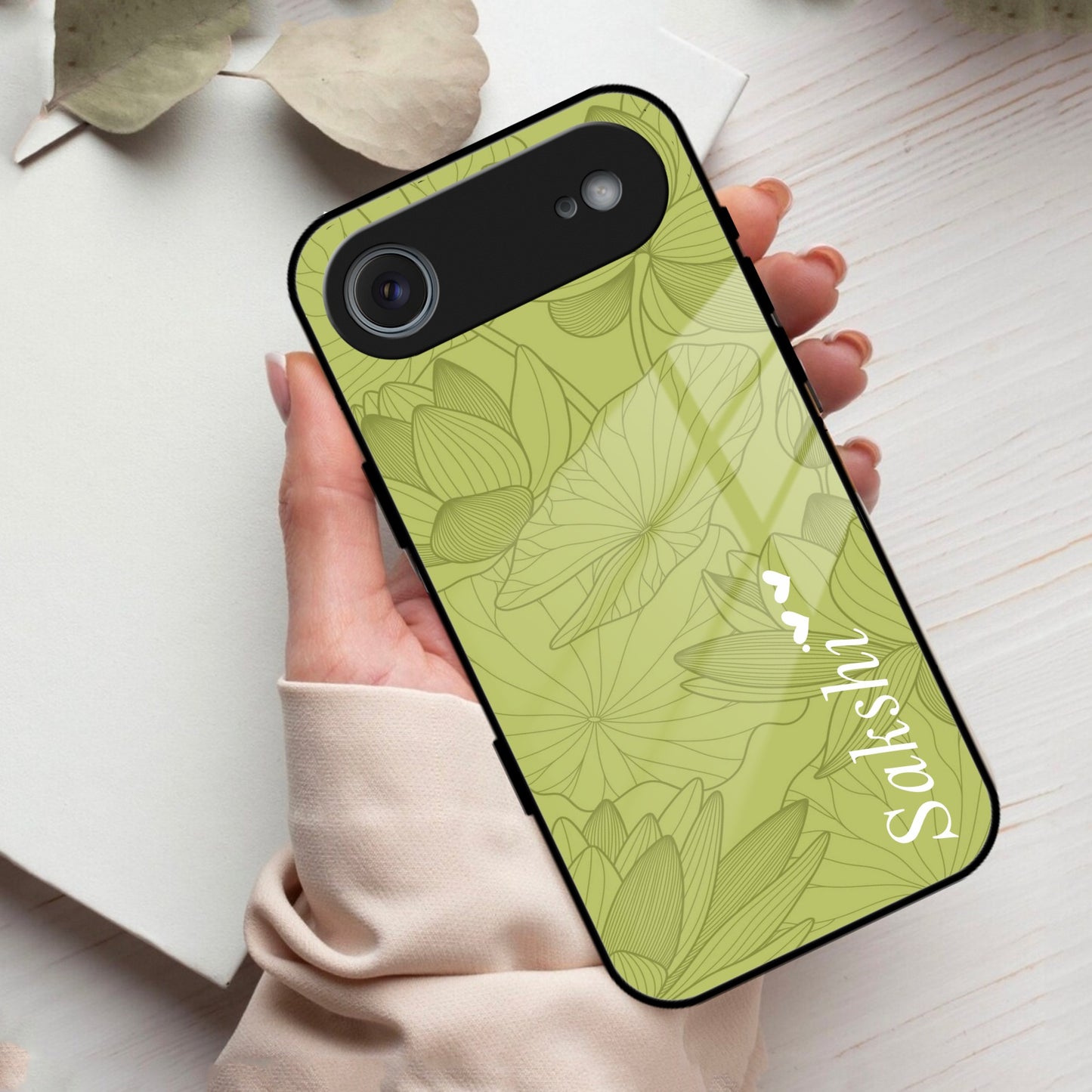 Customized luxury Mint Green leaves Glass Case Cover For iPhone